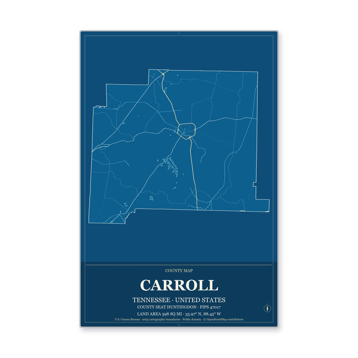 Carroll County, Tennessee Map Aluminum Sign in Harbor Cobalt style