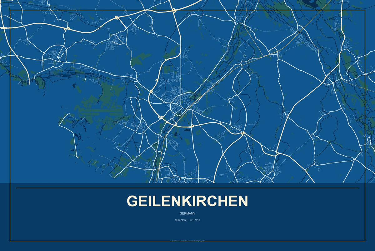 Geilenkirchen, Germany City Map Aluminum Sign in Harbor Cobalt style