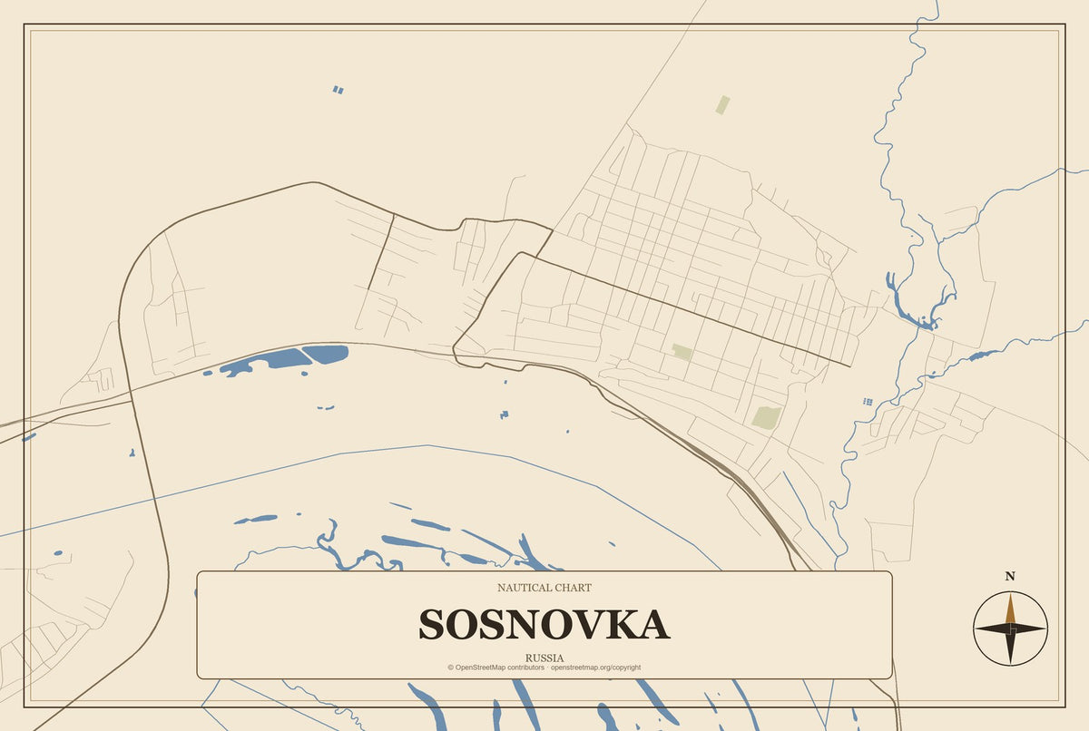 Sosnovka, Kirov Oblast, Russia City Map Aluminum Sign in Heritage Nautical style