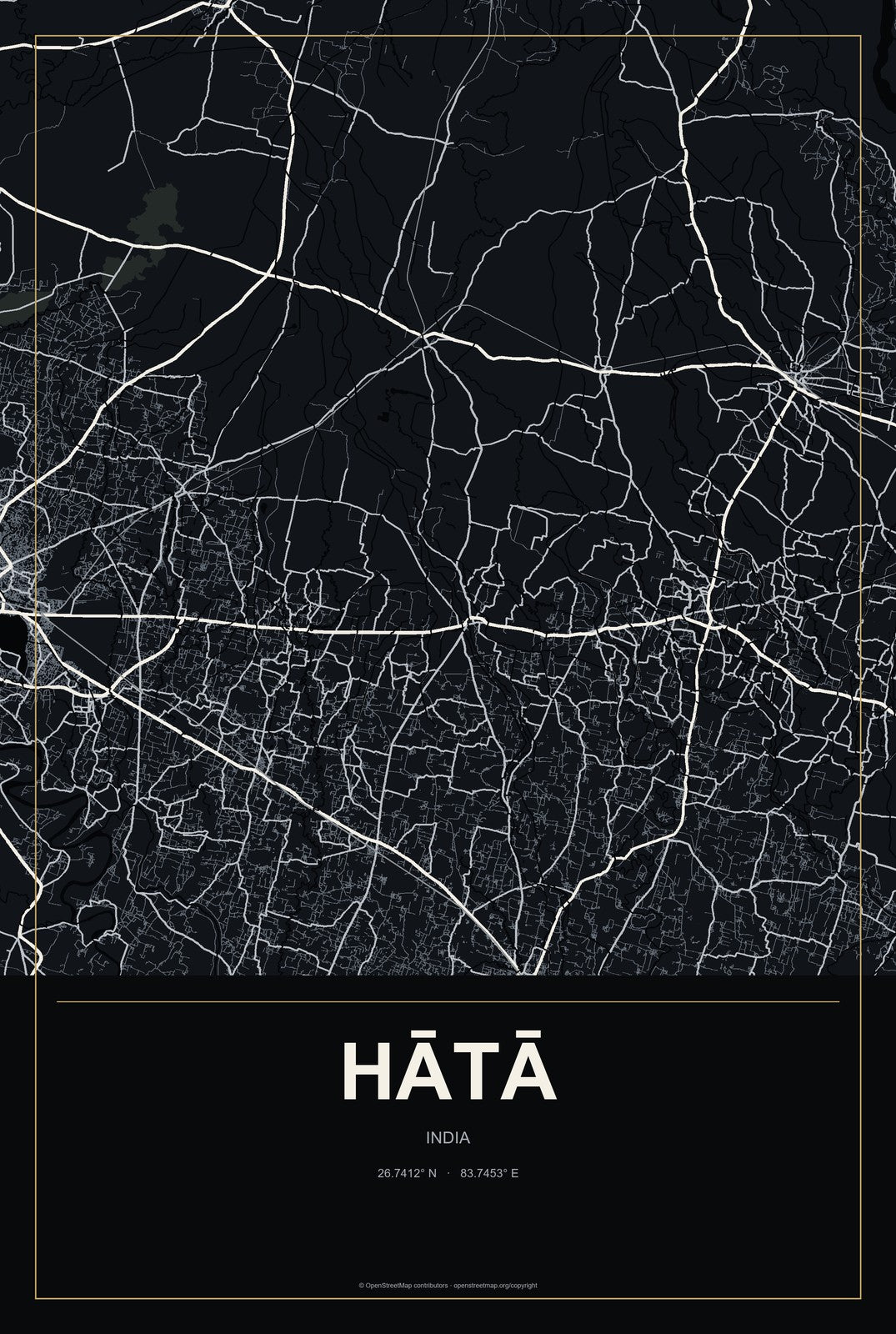 Hātā, India City Map Aluminum Sign in Metropolitan Noir style