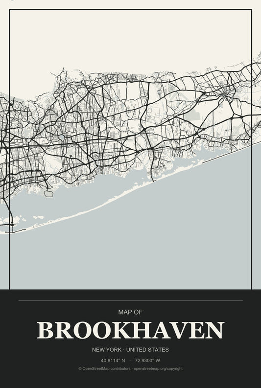 Brookhaven, New York City Map Aluminum Sign in Museum Plaque style