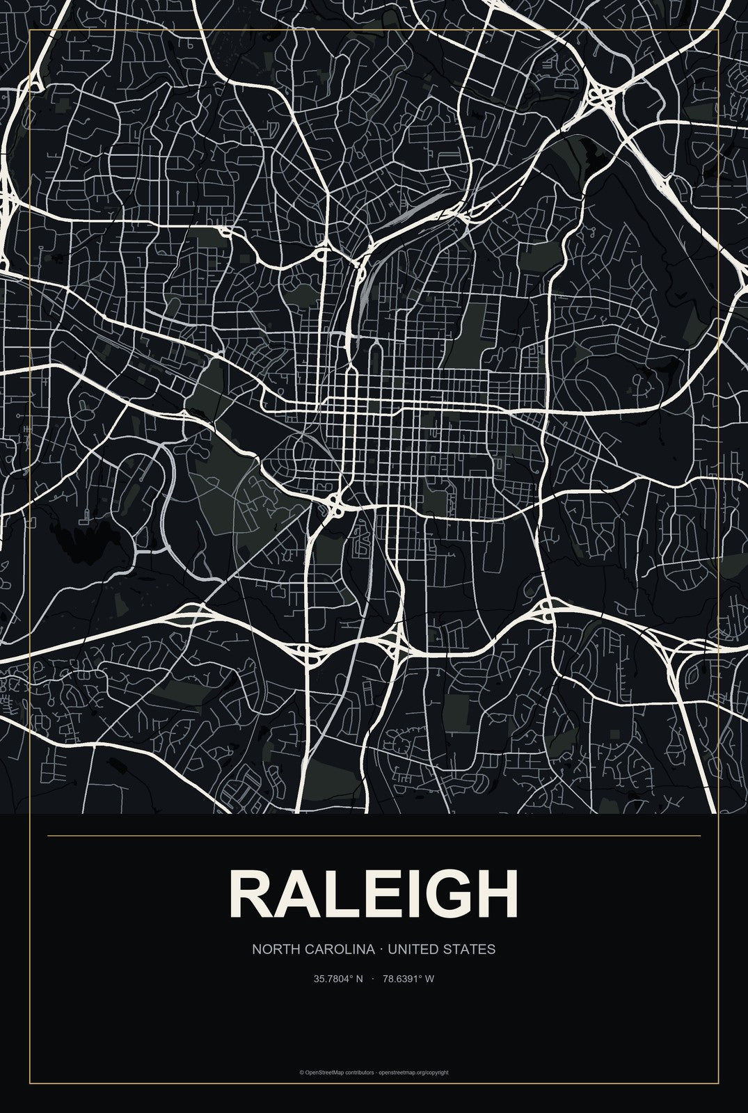 Raleigh, North Carolina City Map Aluminum Sign in Metropolitan Noir style