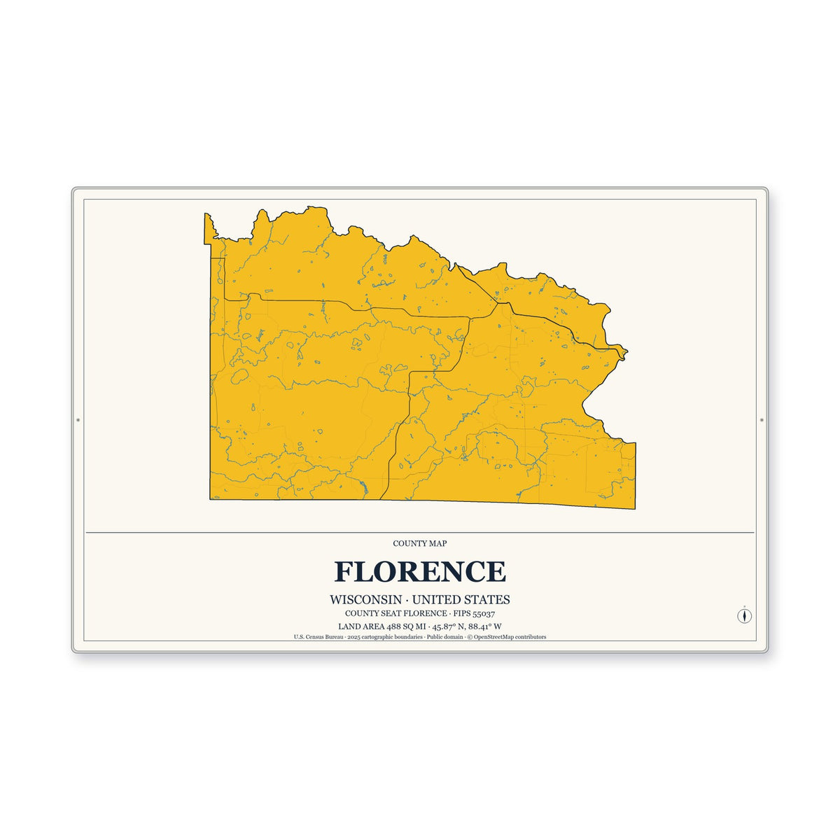 Florence County, Wisconsin Map Aluminum Sign in Citrine Modern style