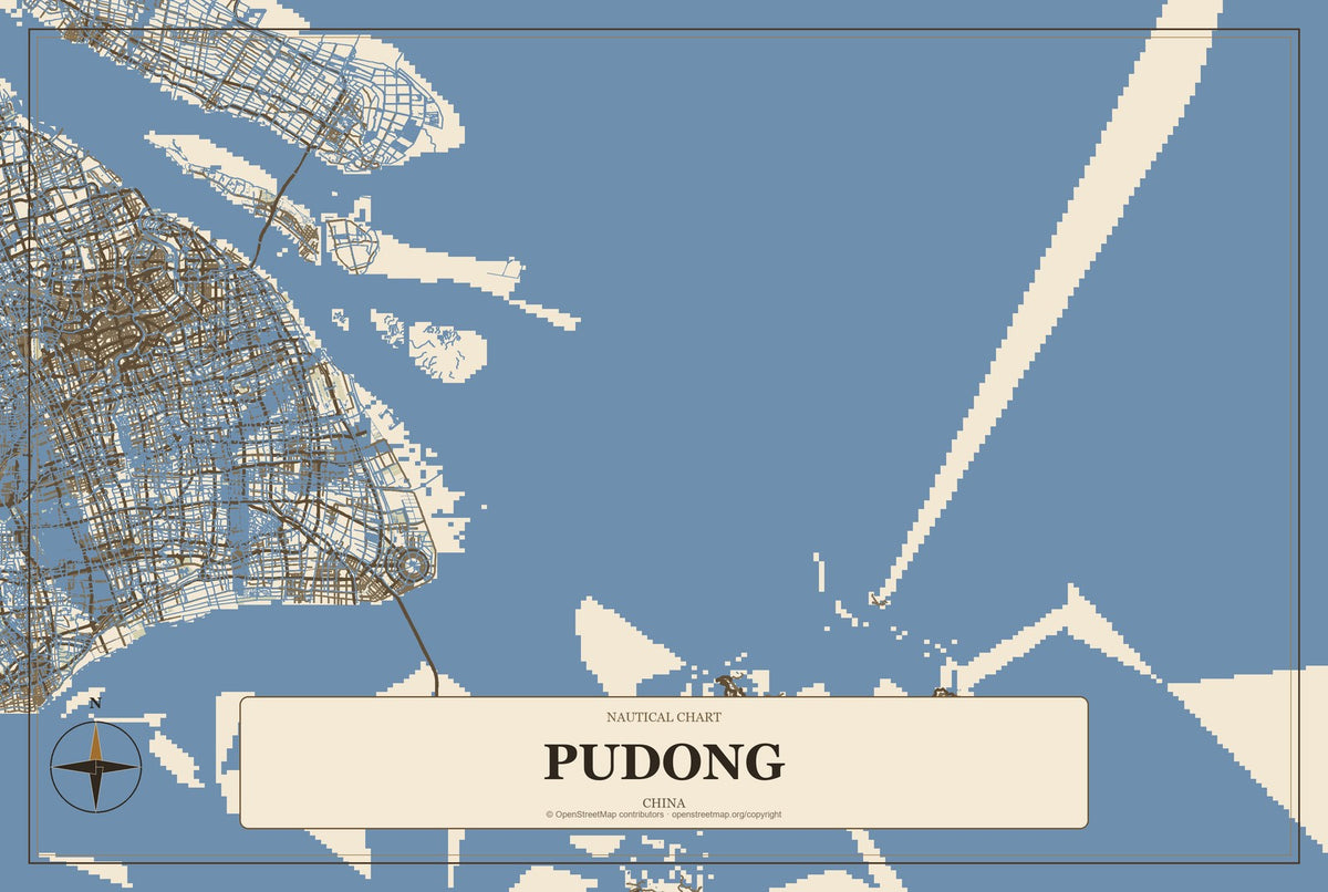 Pudong, China City Map Aluminum Sign in Heritage Nautical style