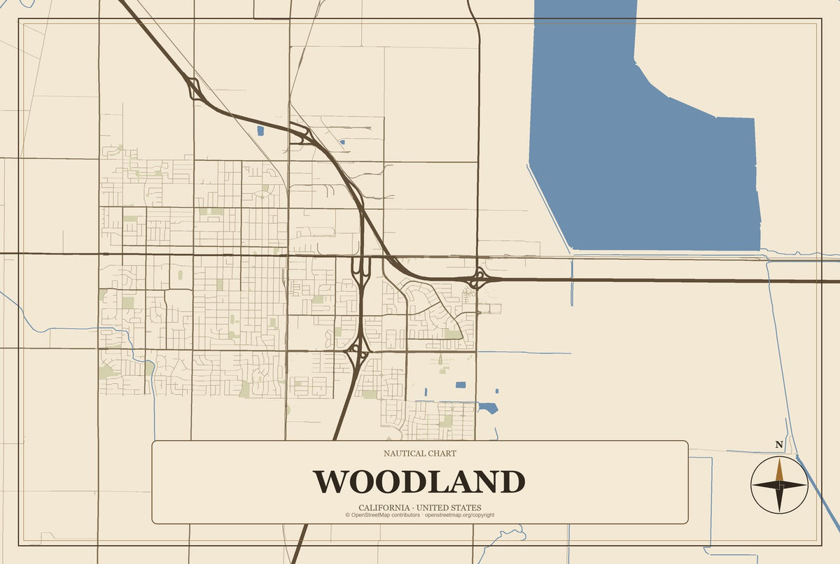 Woodland, California City Map Aluminum Sign in Heritage Nautical style