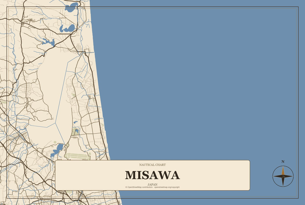 Misawa, Japan City Map Aluminum Sign in Heritage Nautical style