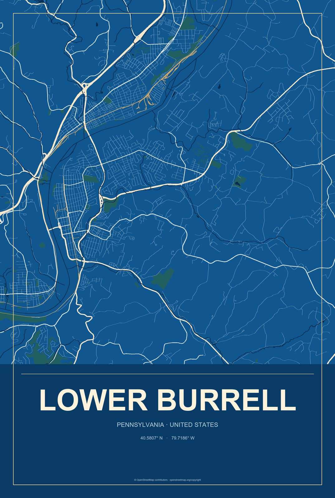 Lower Burrell, Pennsylvania City Map Aluminum Sign in Harbor Cobalt style