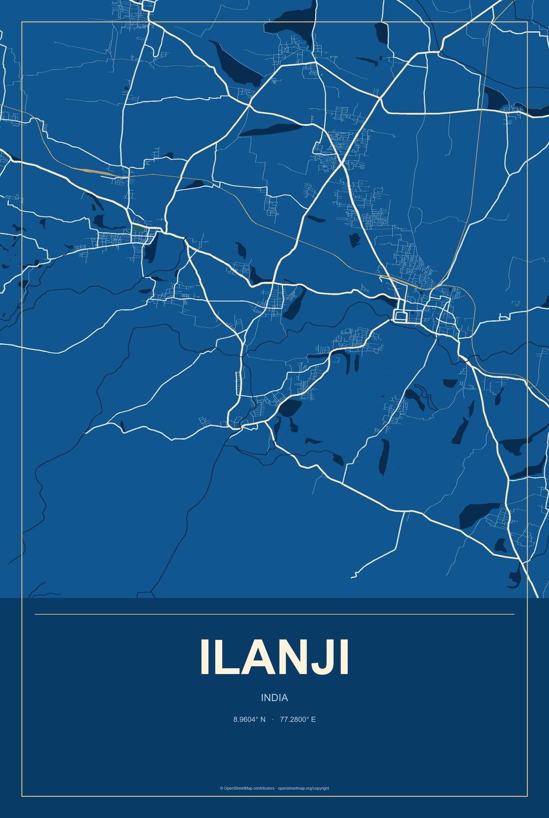Ilanji, India City Map Aluminum Sign in Harbor Cobalt style