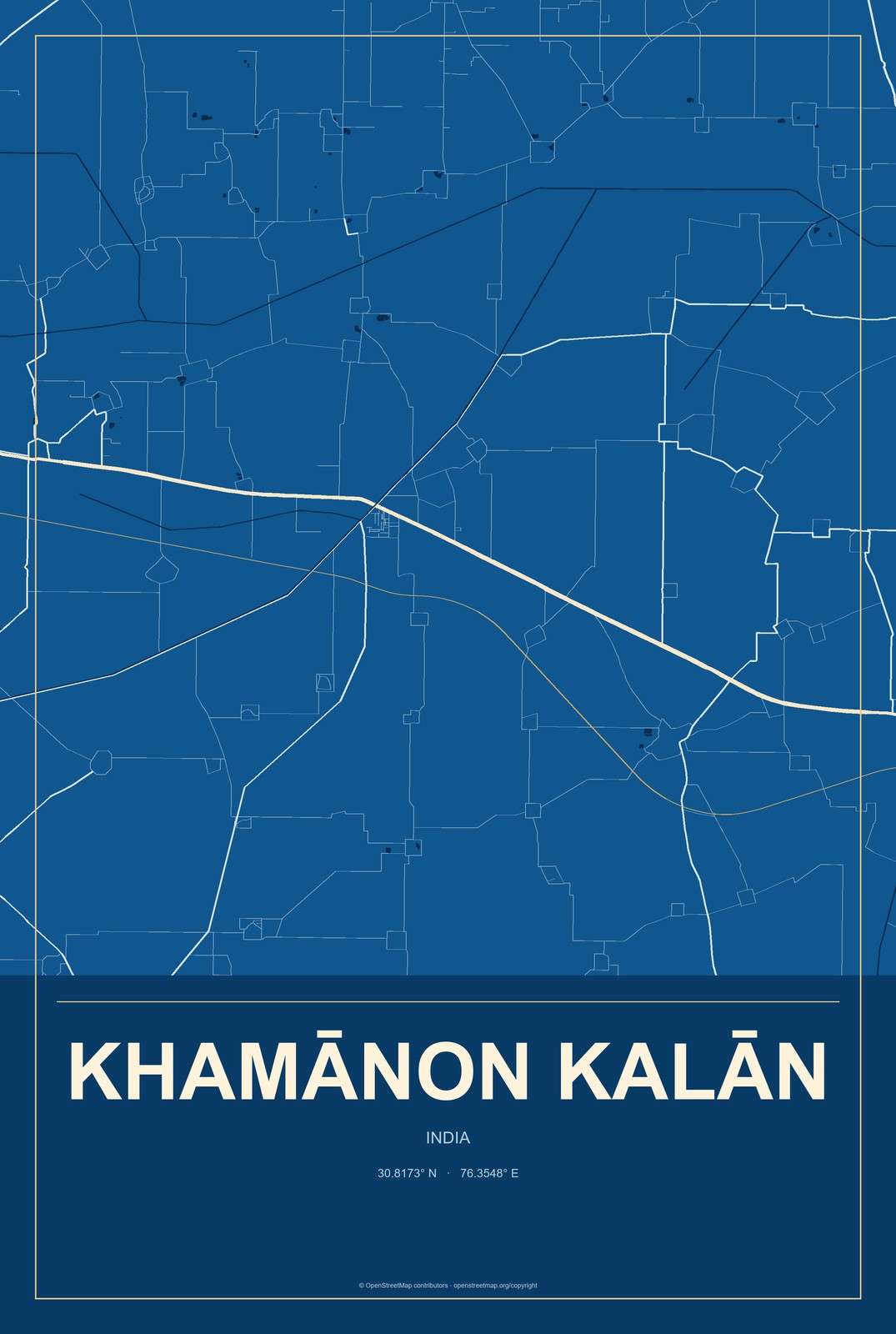 Khamānon Kalān, India City Map Aluminum Sign in Harbor Cobalt style