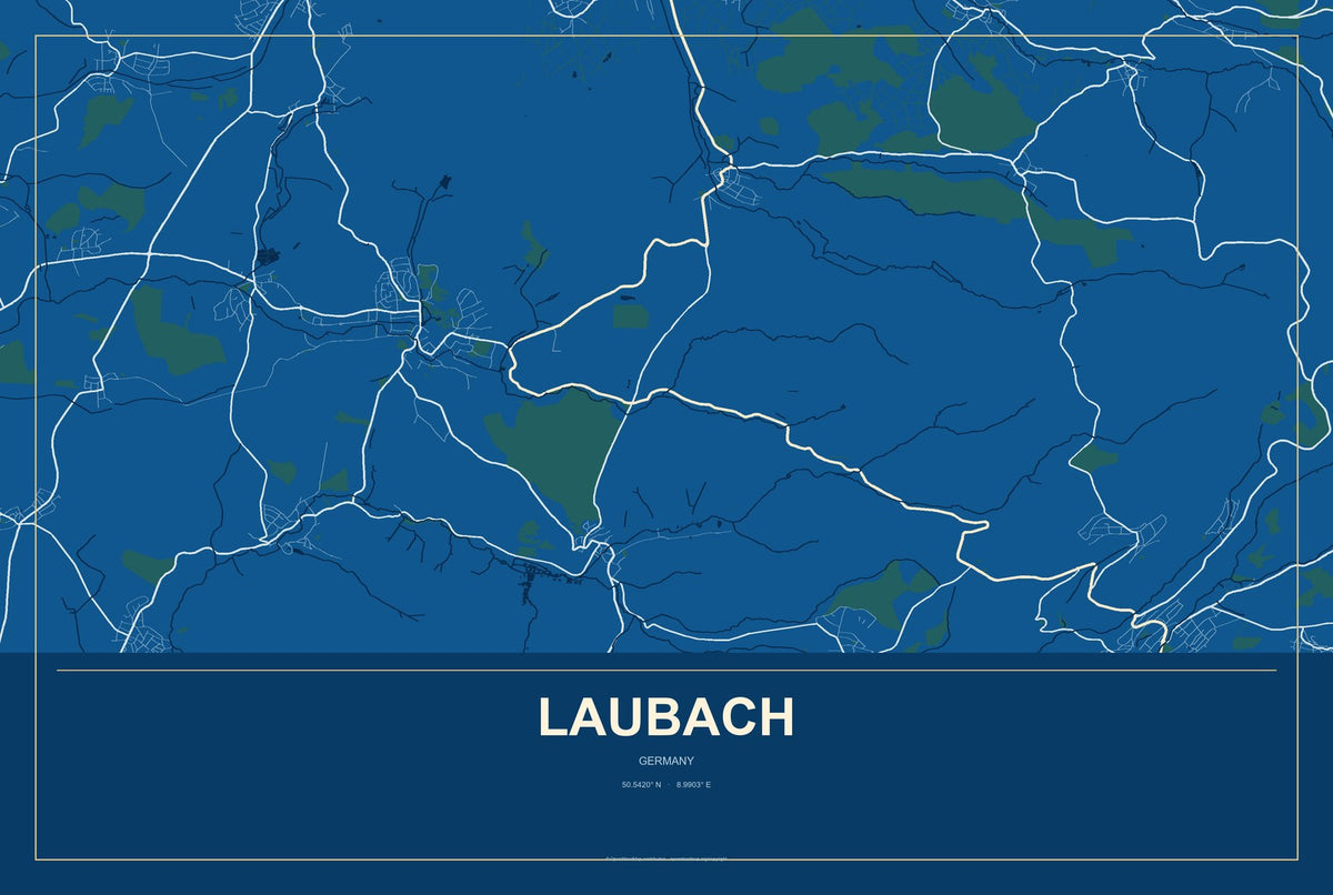 Laubach, Germany City Map Aluminum Sign in Harbor Cobalt style