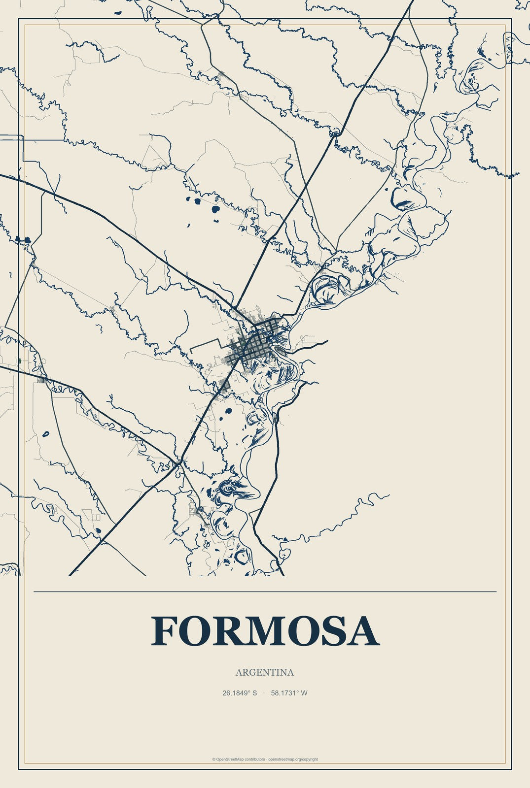Formosa, Argentina City Map Aluminum Sign in Coastal Cutout style