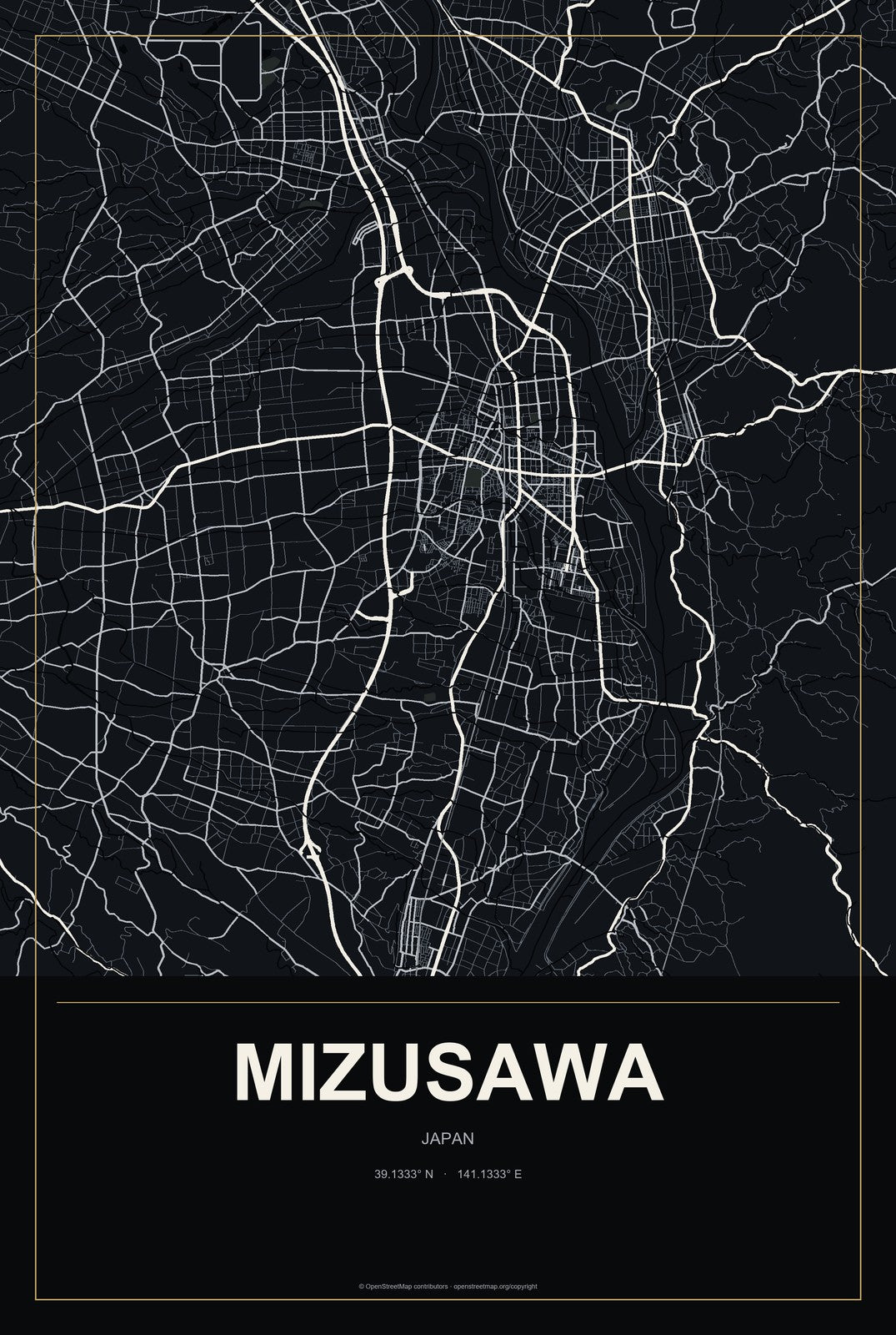 Mizusawa, Japan City Map Aluminum Sign in Metropolitan Noir style