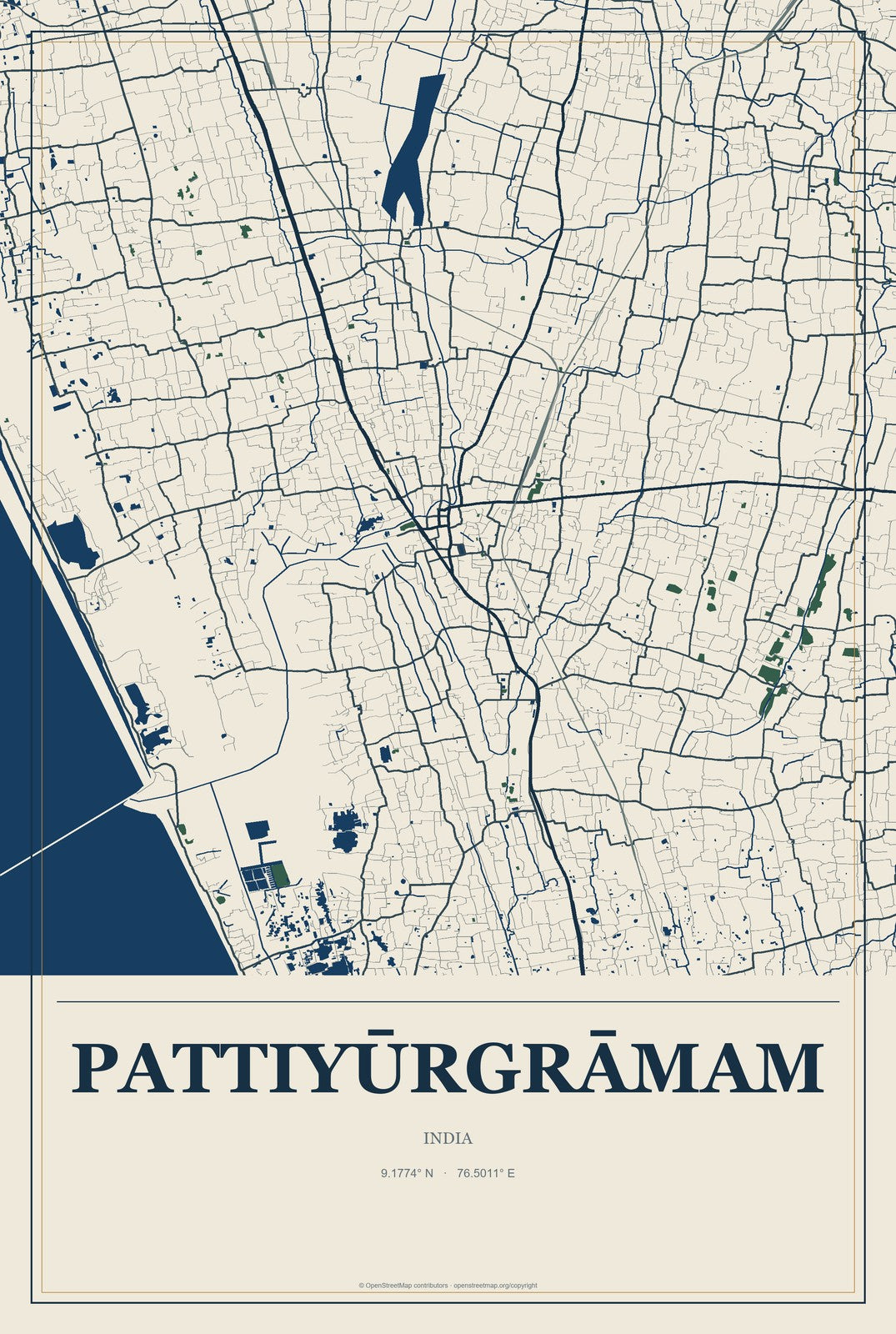 Pattiyūrgrāmam, India City Map Aluminum Sign in Coastal Cutout style