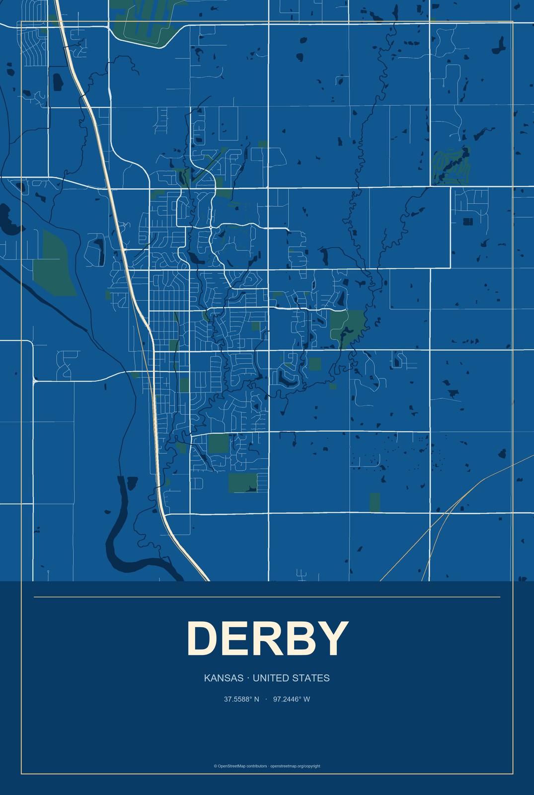 Derby, Kansas City Map Aluminum Sign in Harbor Cobalt style
