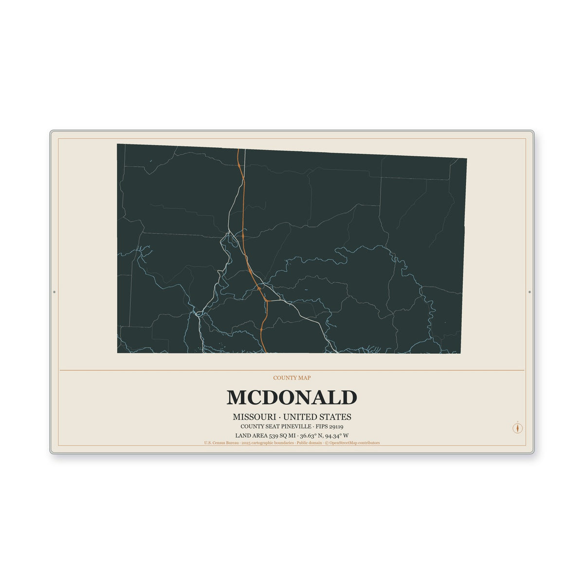 McDonald County, Missouri Map Aluminum Sign in Headline Atlas style
