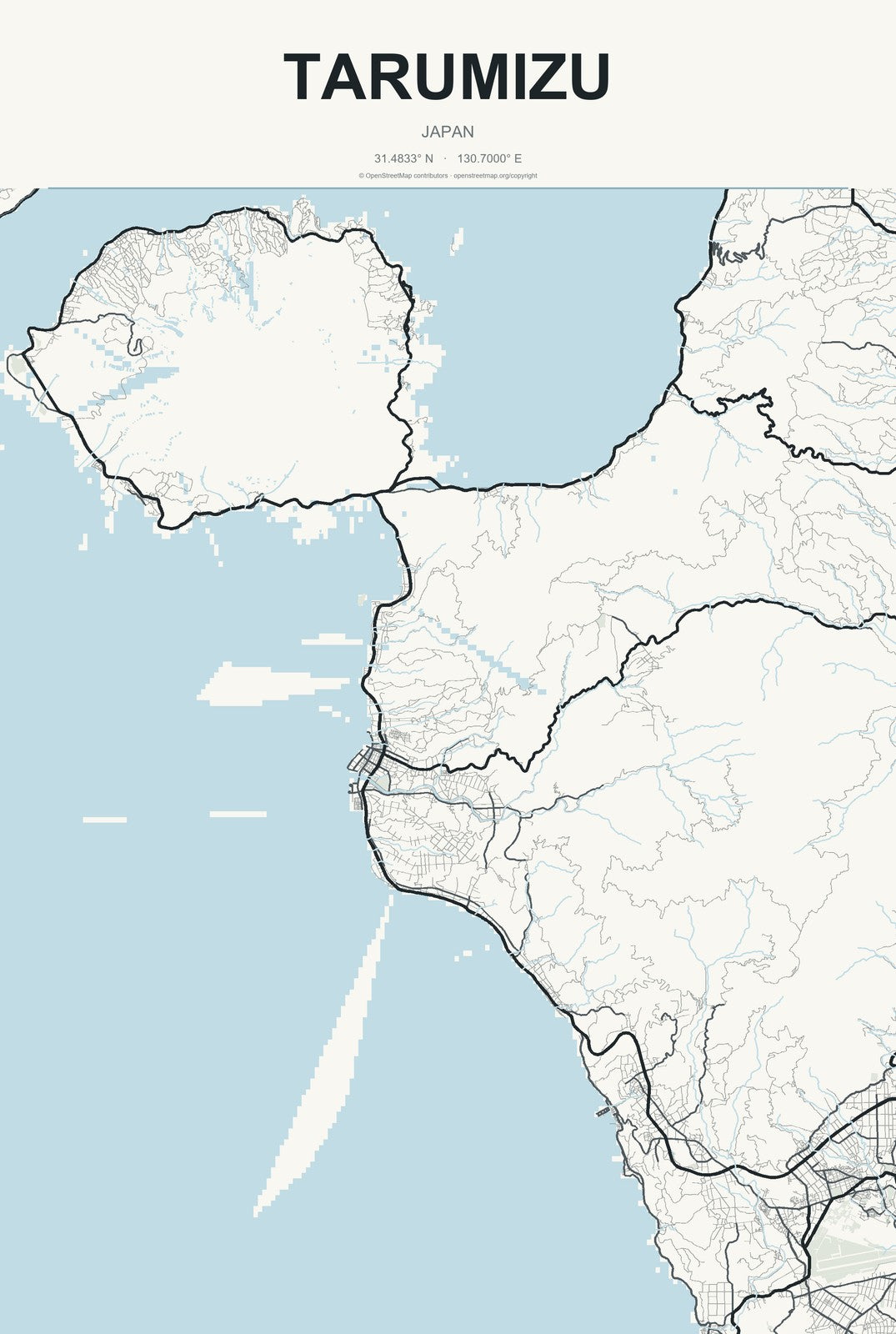 Tarumizu, Japan City Map Aluminum Sign in Headline Atlas style
