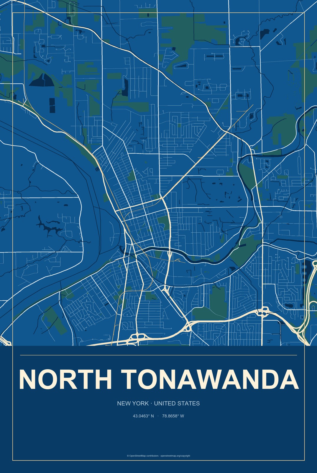 North Tonawanda, New York City Map Aluminum Sign in Harbor Cobalt style