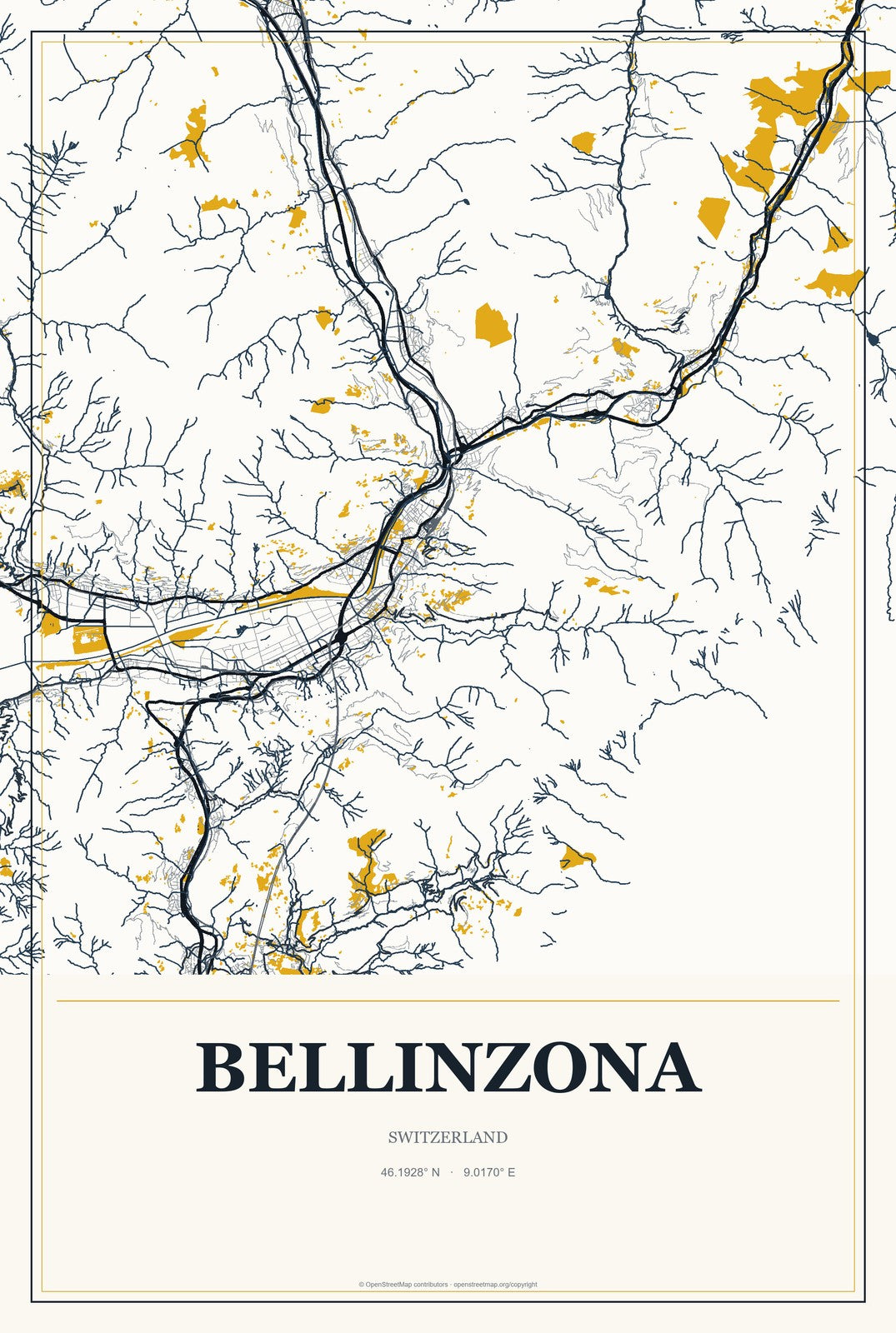 Bellinzona, Switzerland City Map Aluminum Sign in Citrine Modern style