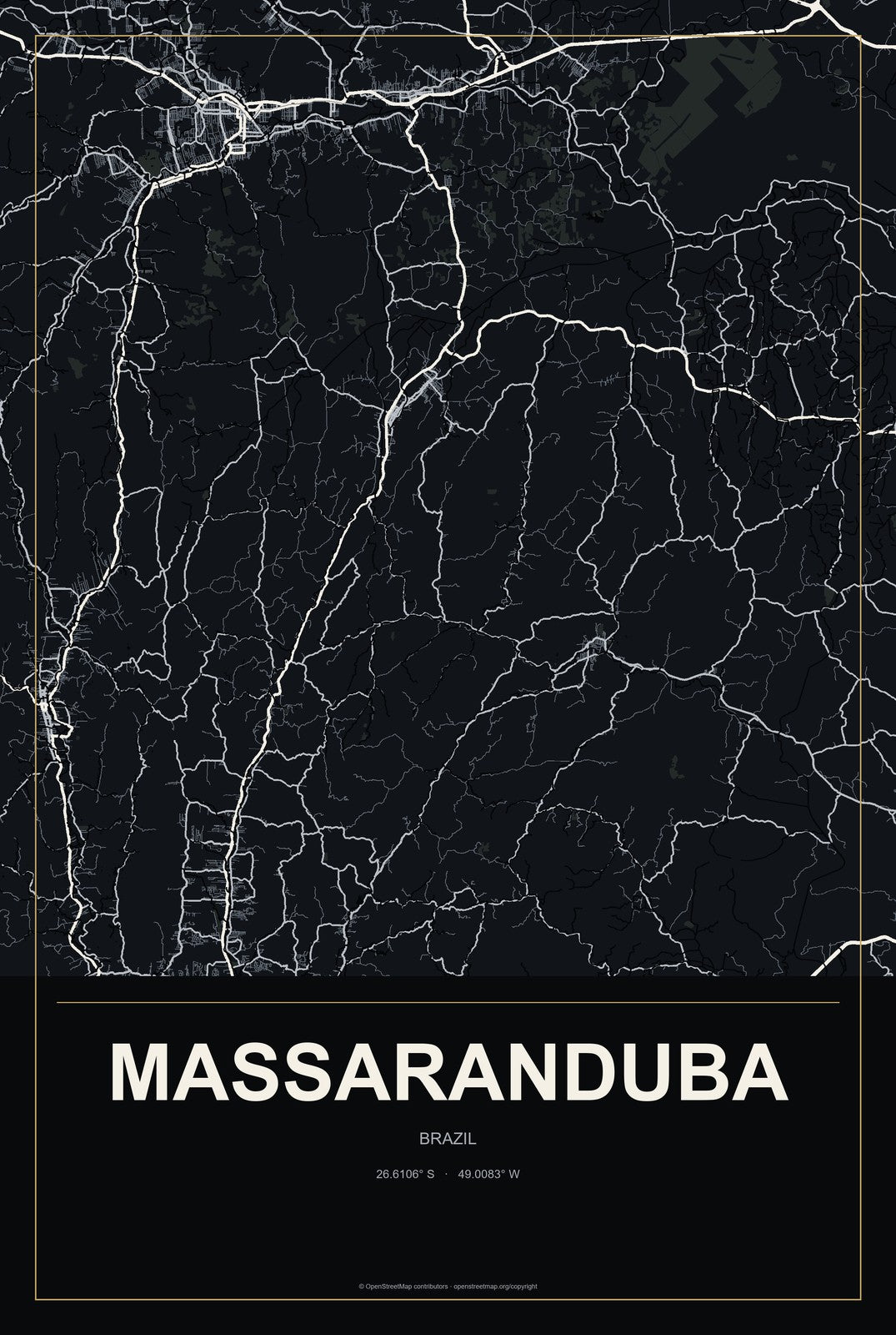 Massaranduba, Paraíba, Brazil City Map Aluminum Sign in Metropolitan Noir style