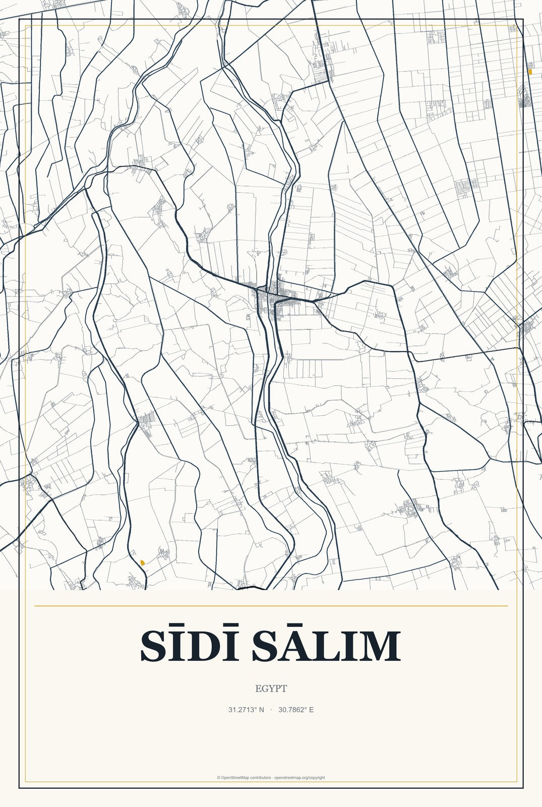 Sīdī Sālim, Egypt City Map Aluminum Sign in Citrine Modern style