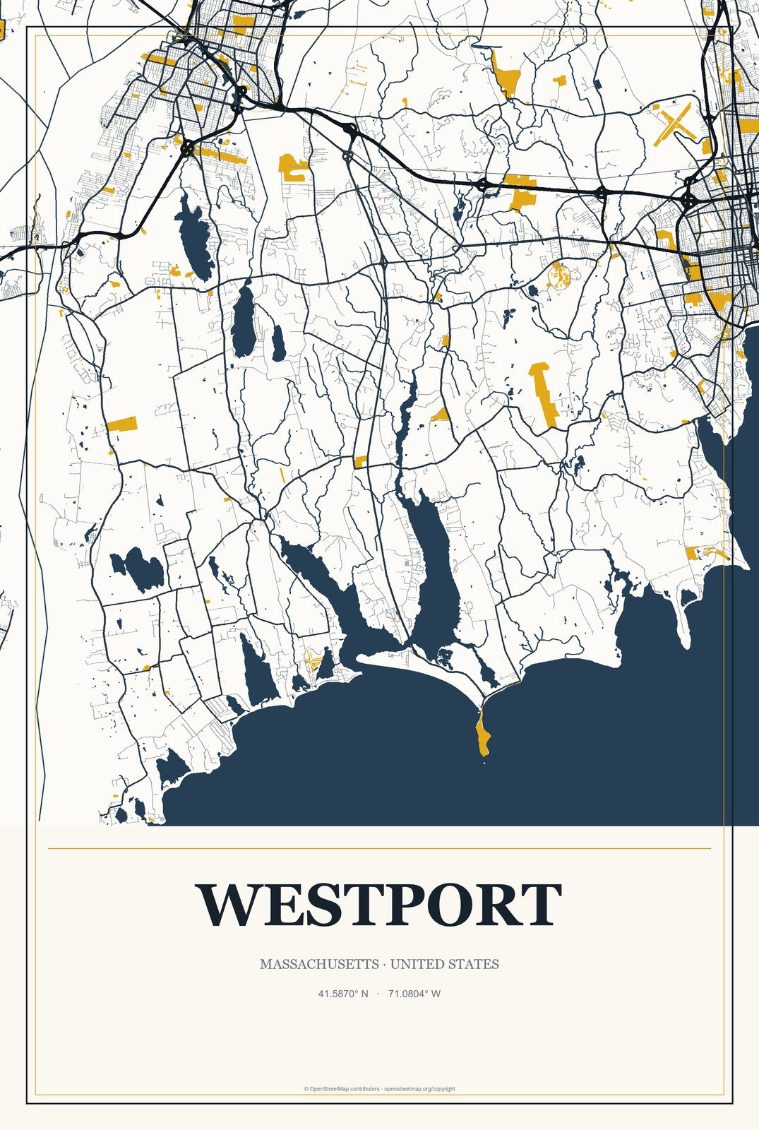 Westport, Massachusetts City Map Aluminum Sign in Citrine Modern style
