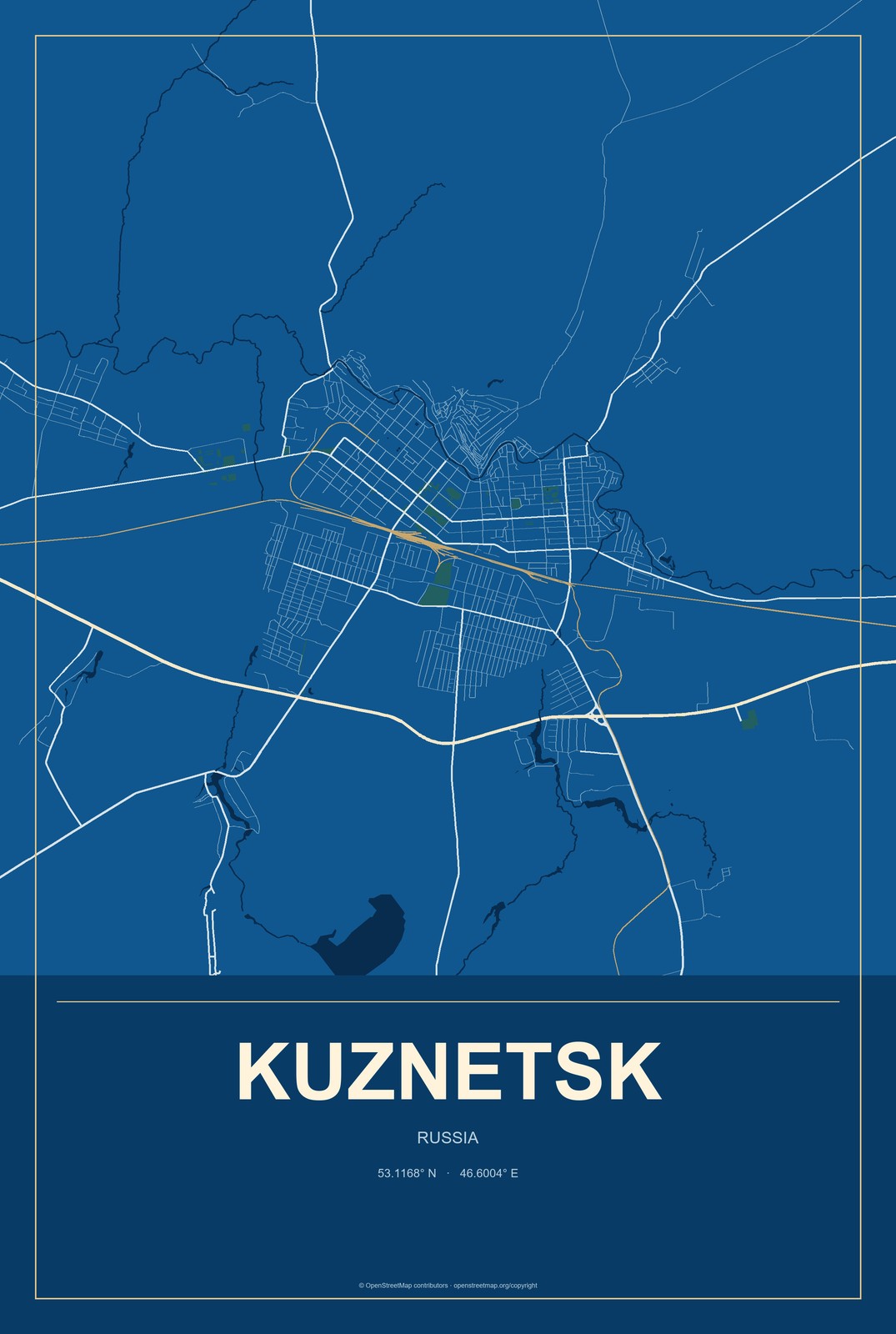 Kuznetsk, Russia City Map Aluminum Sign in Harbor Cobalt style