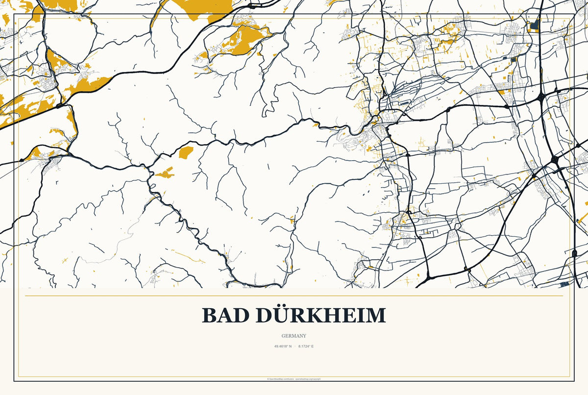 Bad Dürkheim, Germany City Map Aluminum Sign in Citrine Modern style