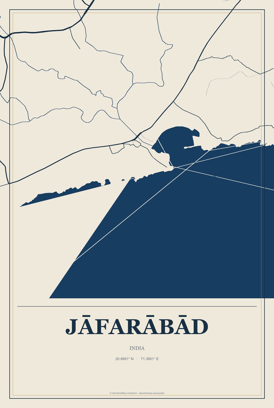 Jāfarābād, India City Map Aluminum Sign in Coastal Cutout style