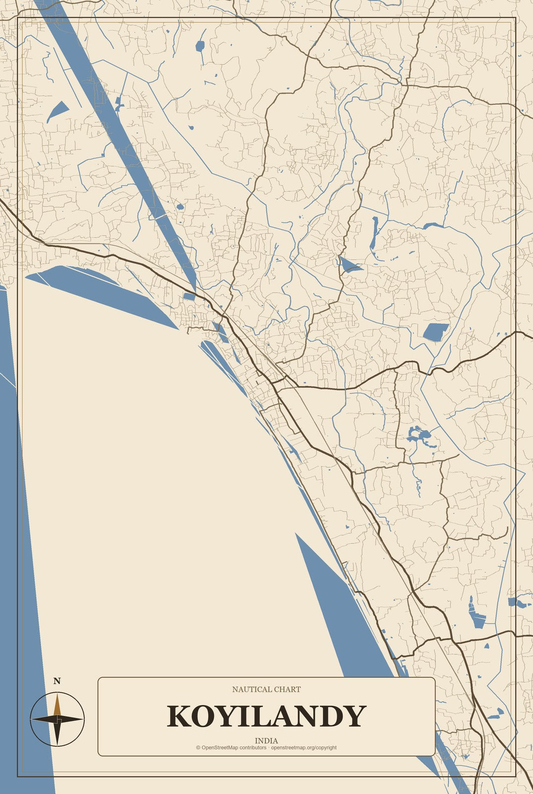 Koyilandy, India City Map Aluminum Sign in Heritage Nautical style