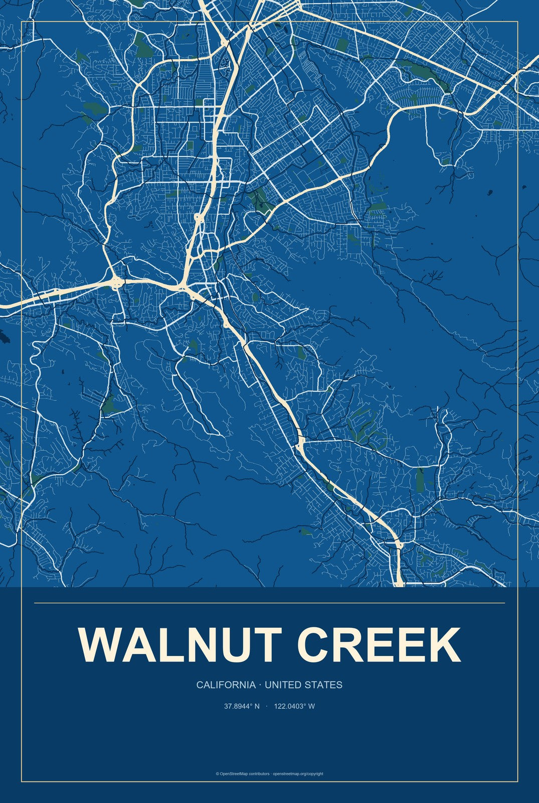 Walnut Creek, California City Map Aluminum Sign in Harbor Cobalt style