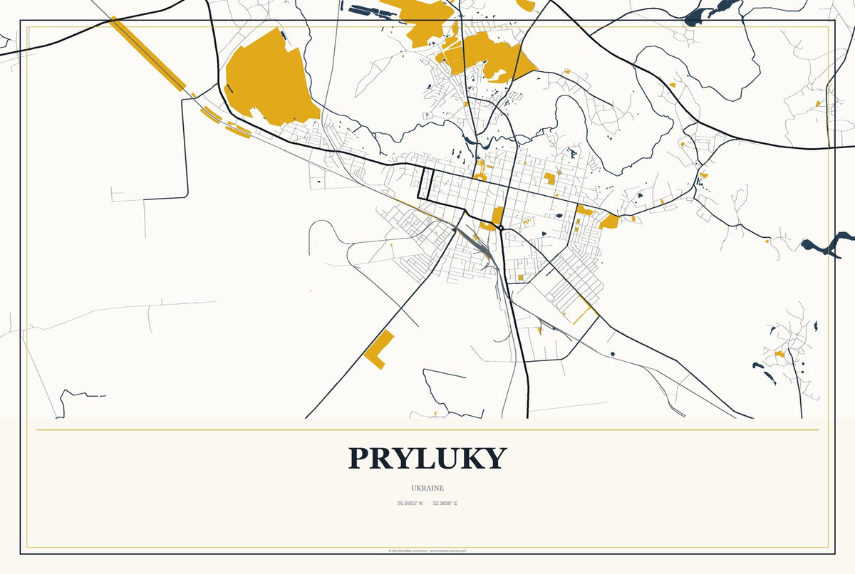Pryluky, Ukraine City Map Aluminum Sign in Citrine Modern style