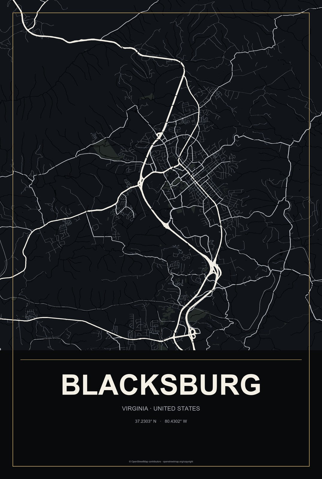 Blacksburg, Virginia City Map Aluminum Sign in Metropolitan Noir style