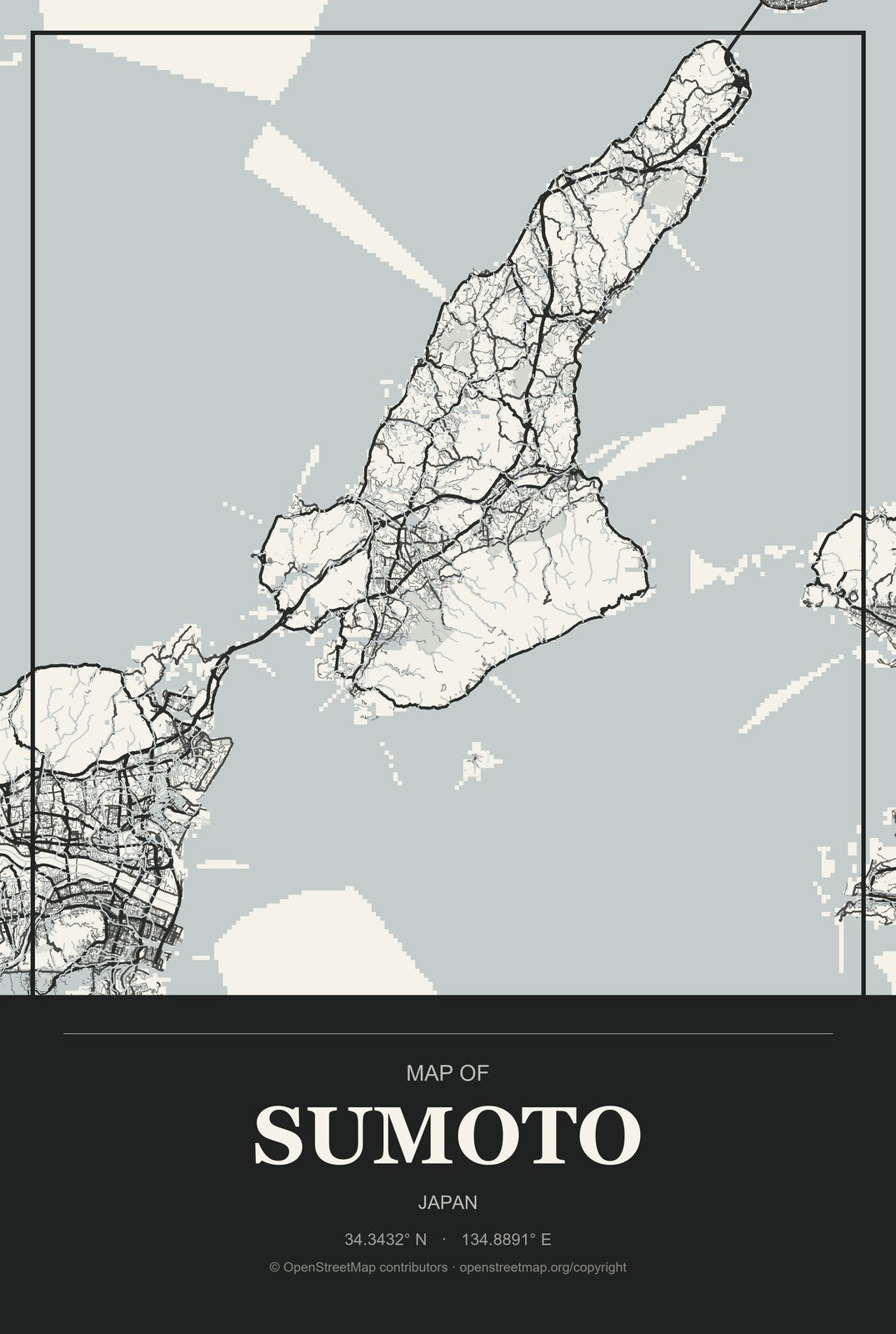 Sumoto, Japan City Map Aluminum Sign in Museum Plaque style