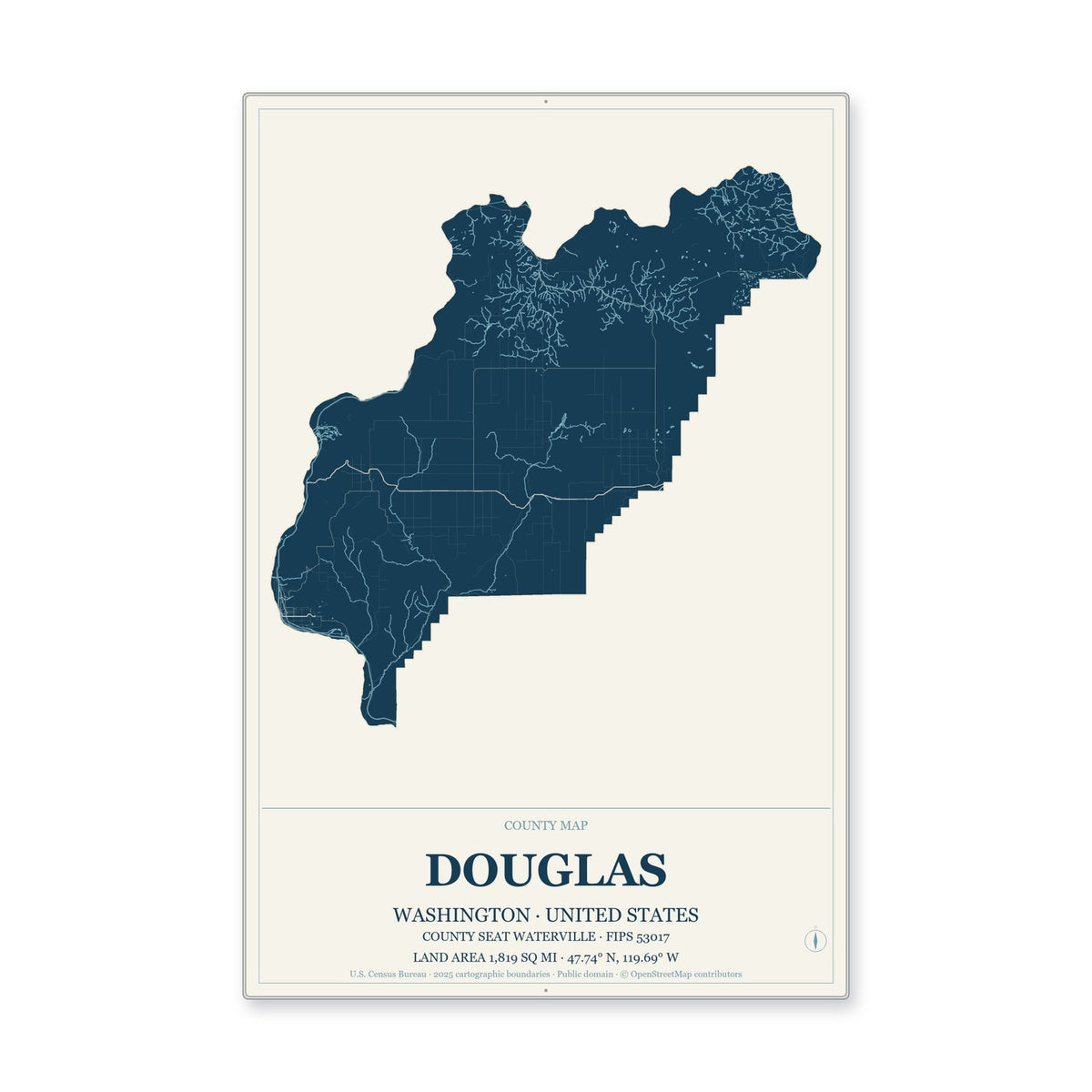 Douglas County, Washington Map Aluminum Sign in Coastal Cutout style