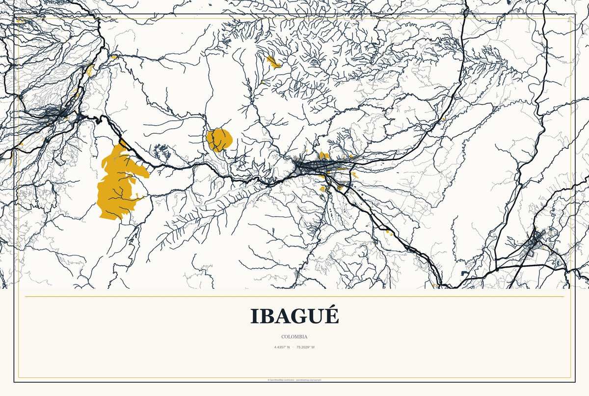 Ibagué, Colombia City Map Aluminum Sign in Citrine Modern style