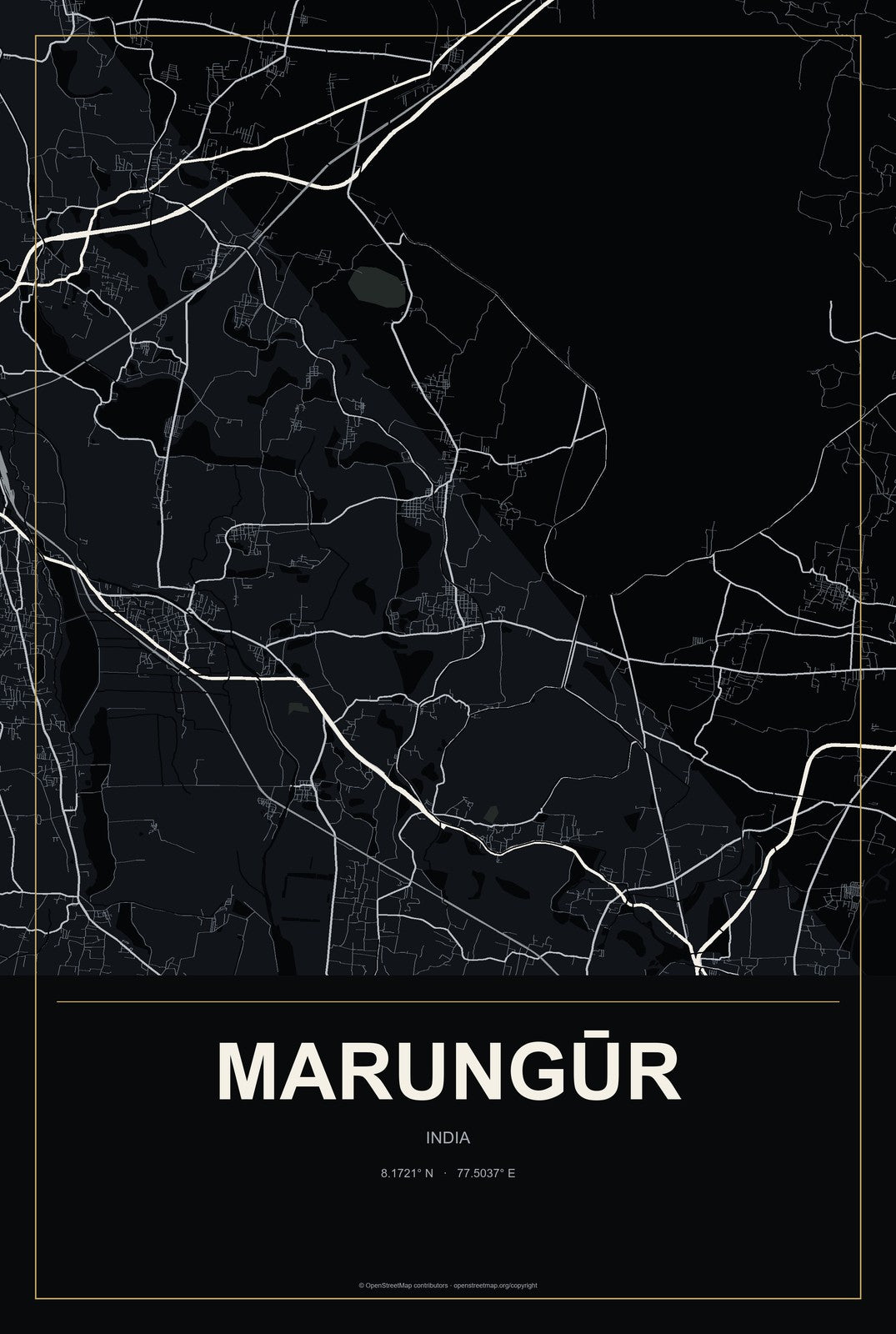 Marungūr, India City Map Aluminum Sign in Metropolitan Noir style