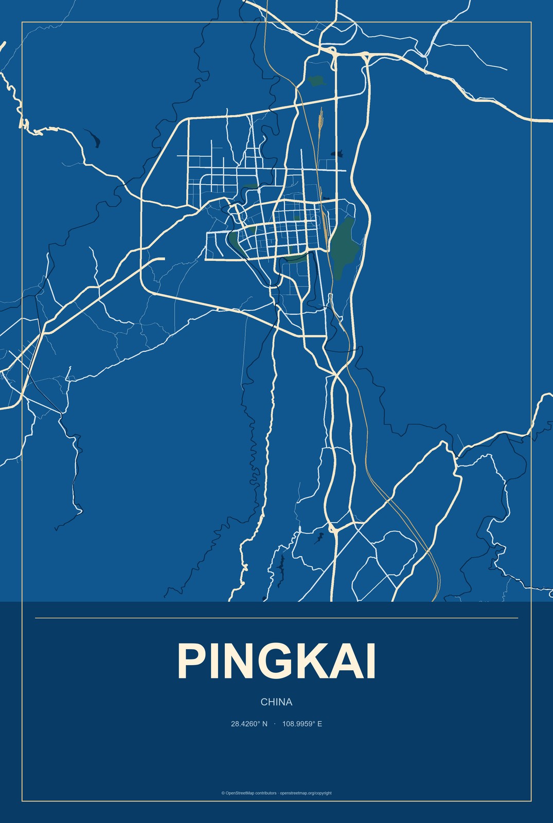 Pingkai, China City Map Aluminum Sign in Harbor Cobalt style
