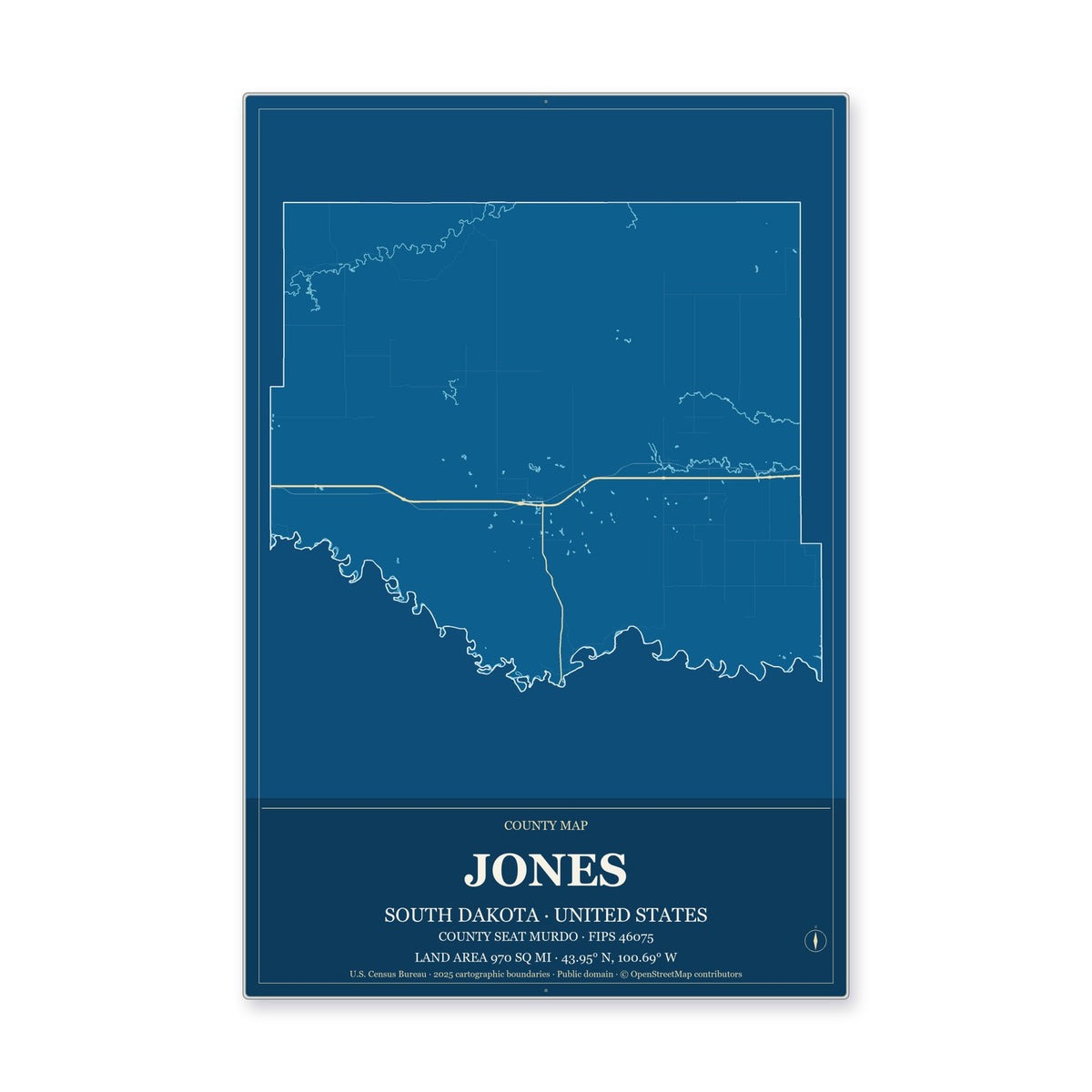 Jones County, South Dakota Map Aluminum Sign in Harbor Cobalt style