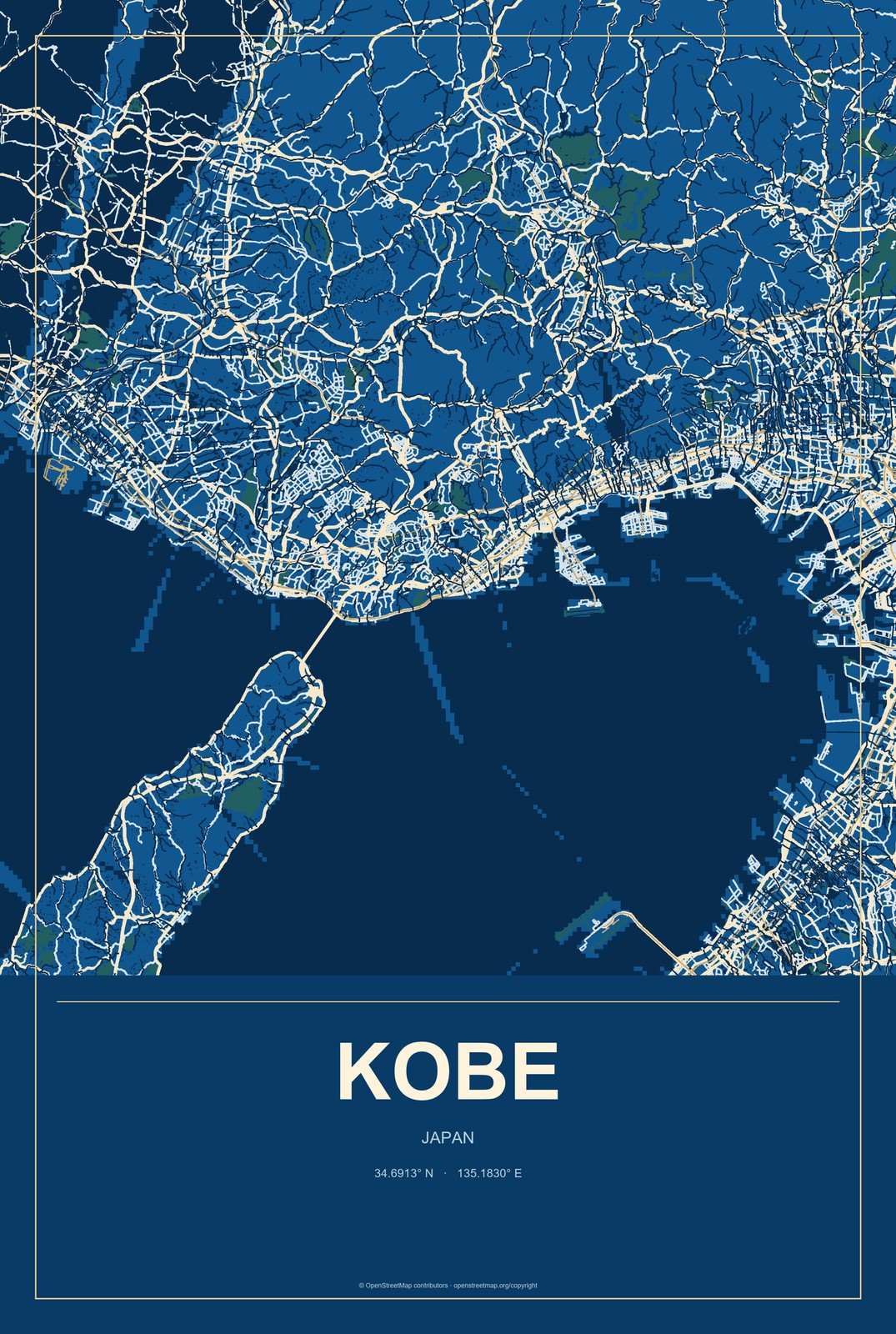 Kobe, Japan City Map Aluminum Sign in Harbor Cobalt style