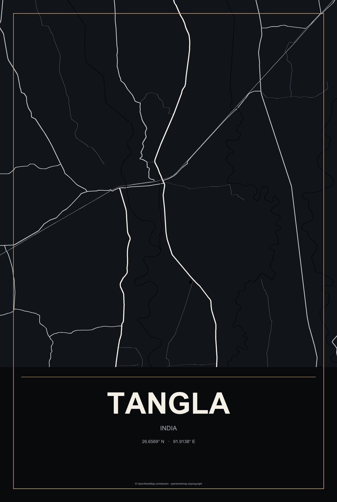 Tangla, India City Map Aluminum Sign in Metropolitan Noir style