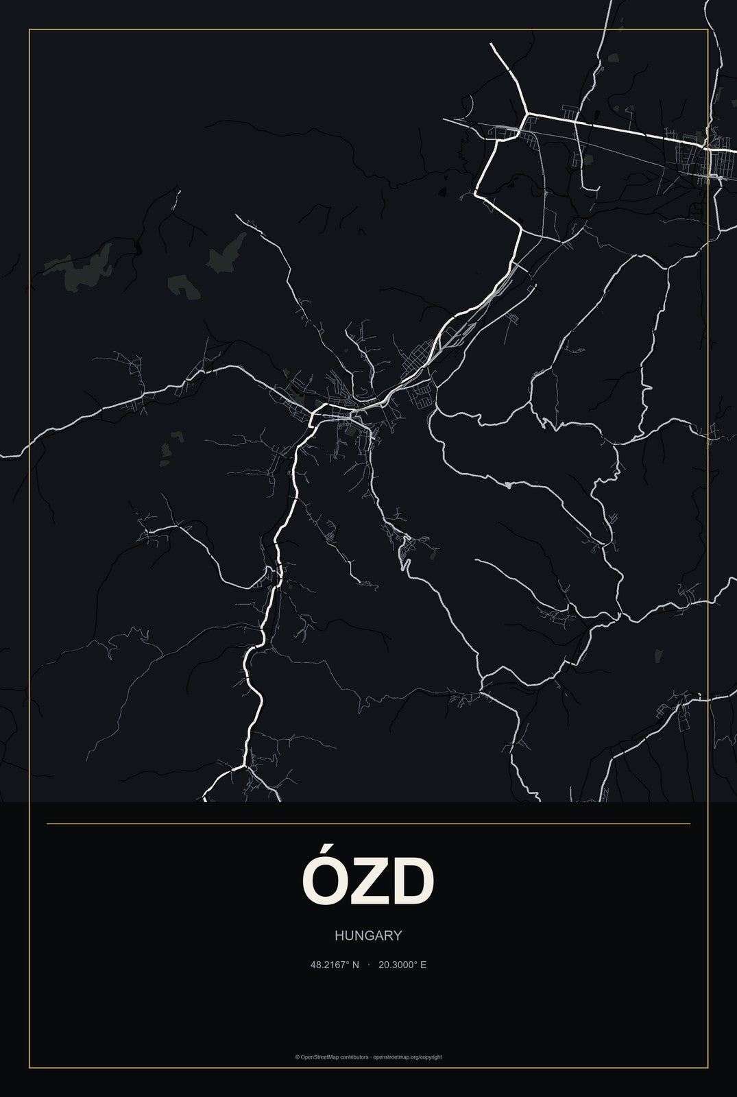 Ózd, Hungary City Map Aluminum Sign in Metropolitan Noir style