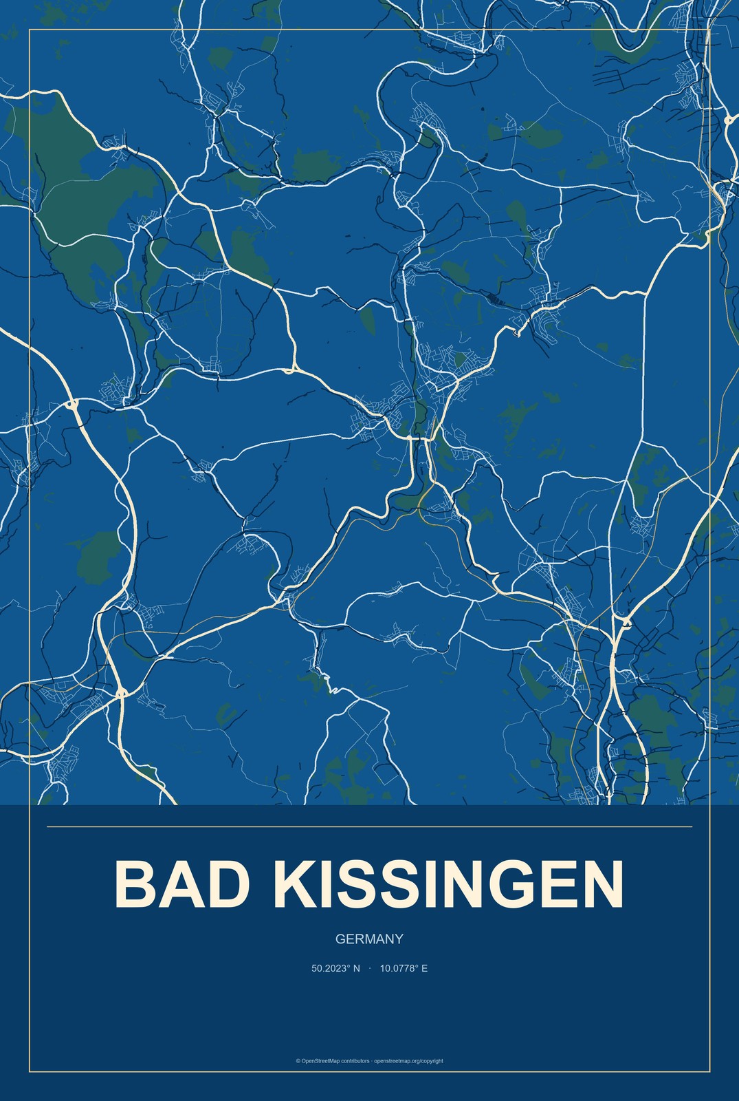Bad Kissingen, Germany City Map Aluminum Sign in Harbor Cobalt style