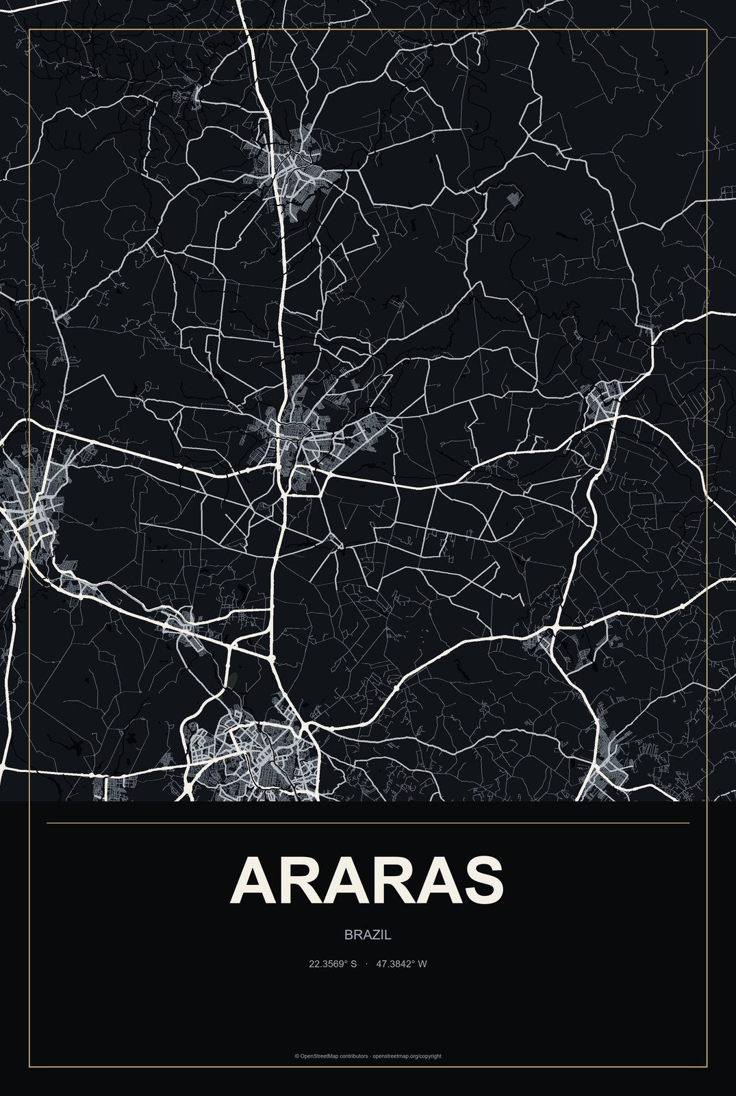 Araras, Brazil City Map Aluminum Sign in Metropolitan Noir style