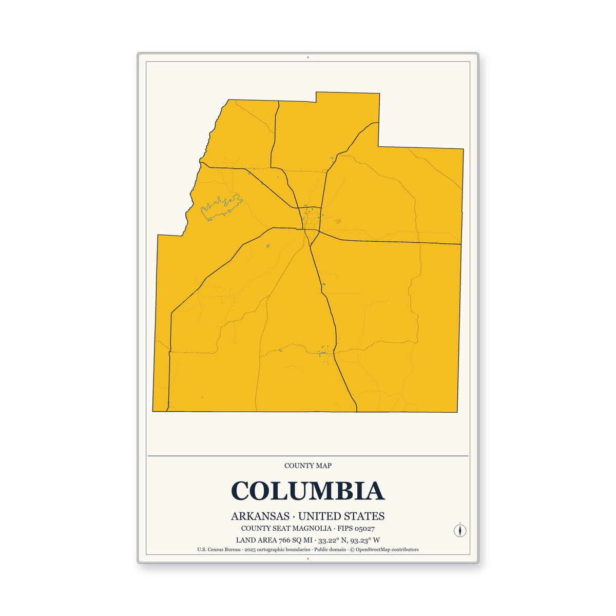 Columbia County, Arkansas Map Aluminum Sign in Citrine Modern style