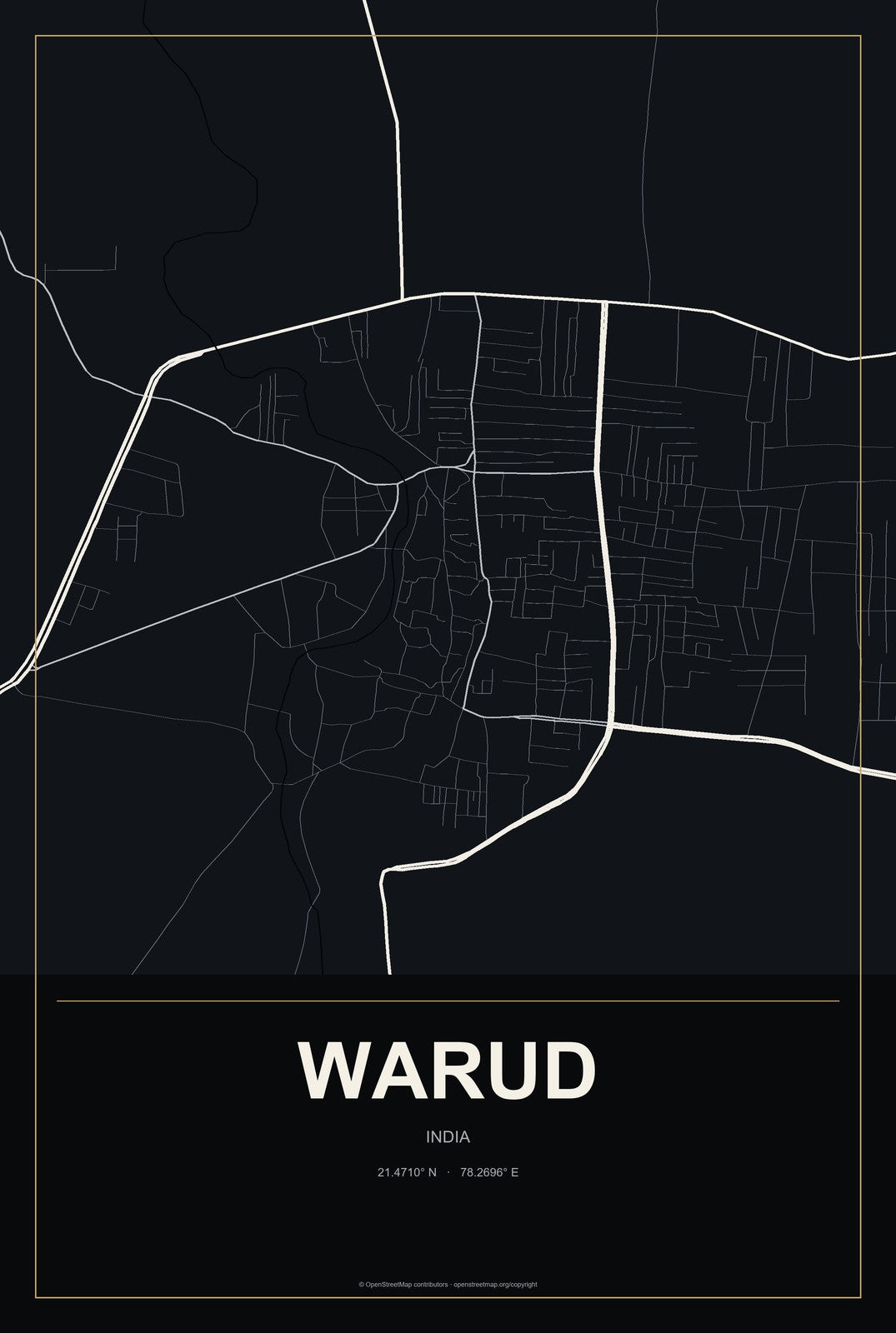 Warud, India City Map Aluminum Sign in Metropolitan Noir style