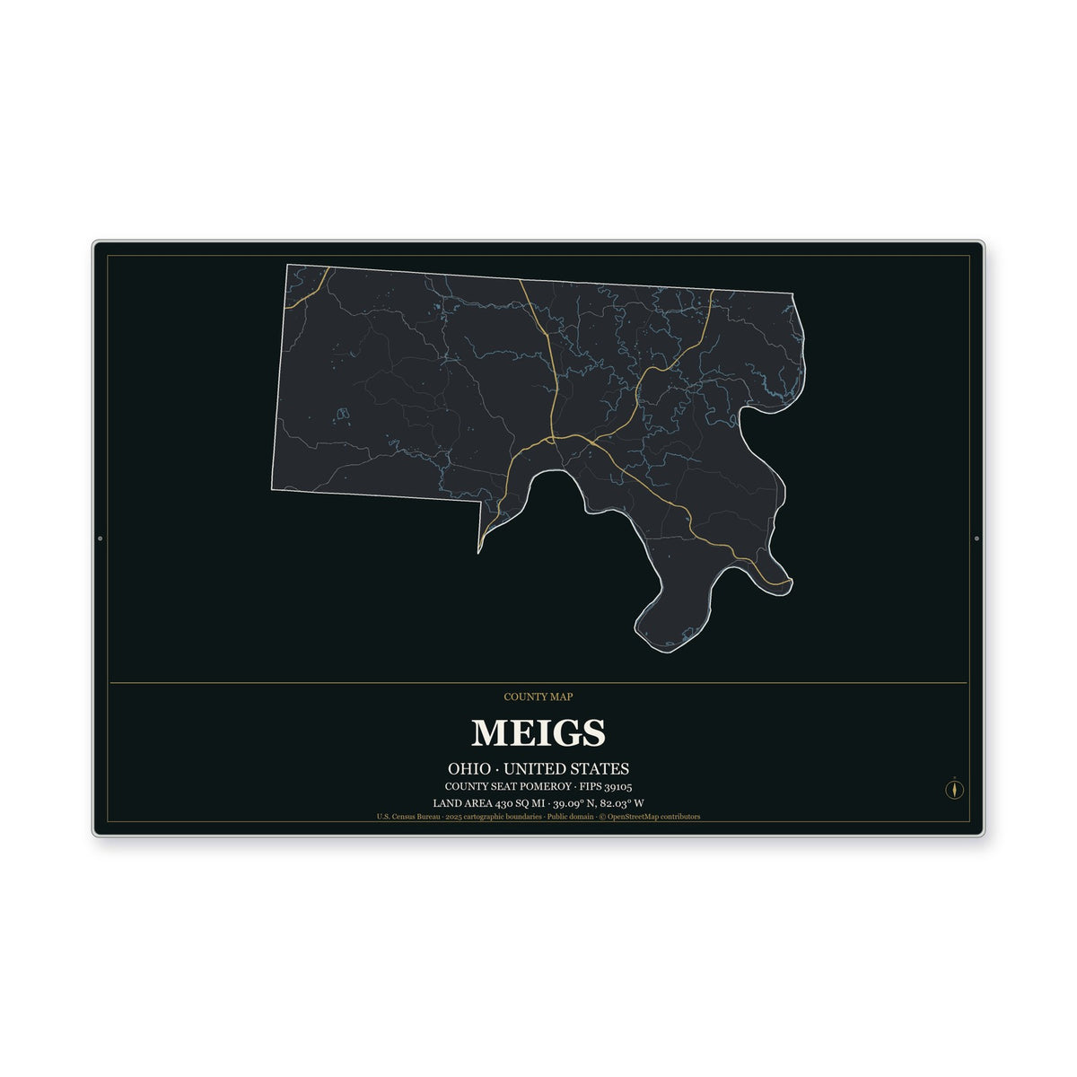 Meigs County, Ohio Map Aluminum Sign in Metropolitan Noir style