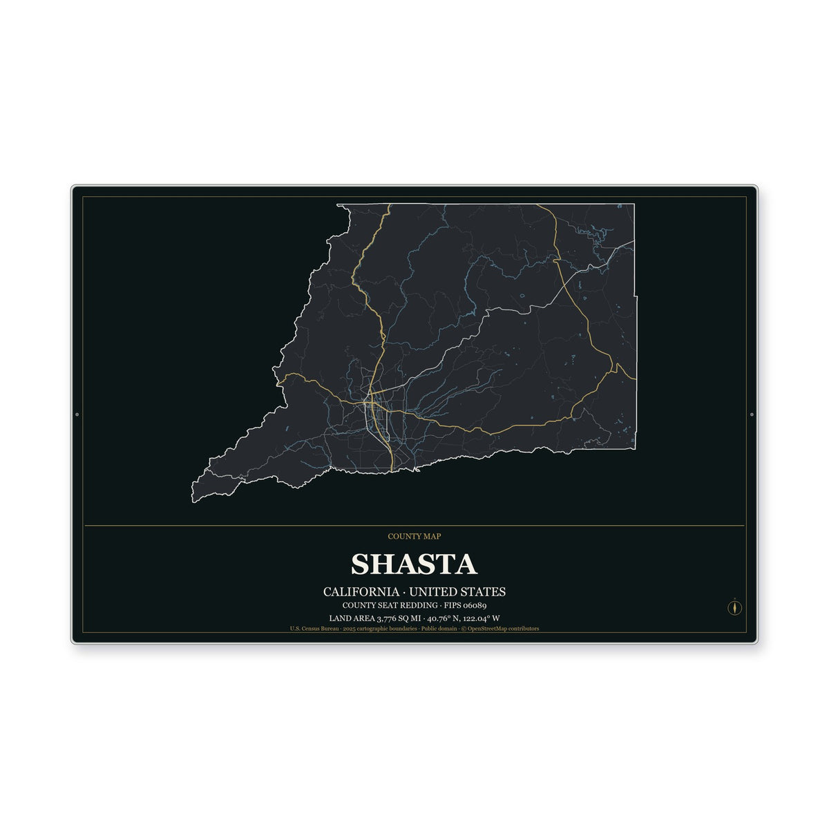 Shasta County, California Map Aluminum Sign in Metropolitan Noir style