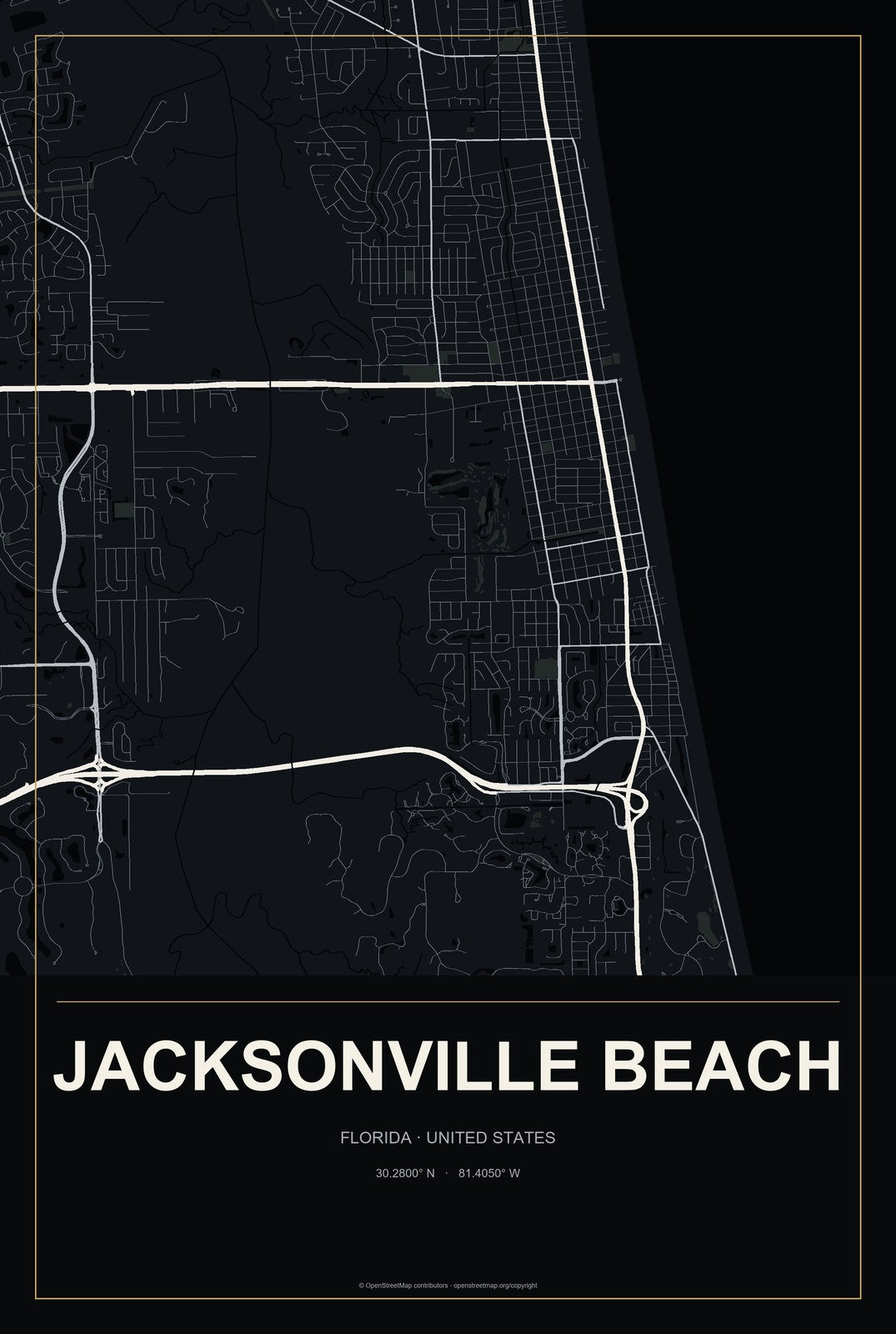Jacksonville Beach, Florida City Map Aluminum Sign in Metropolitan Noir style