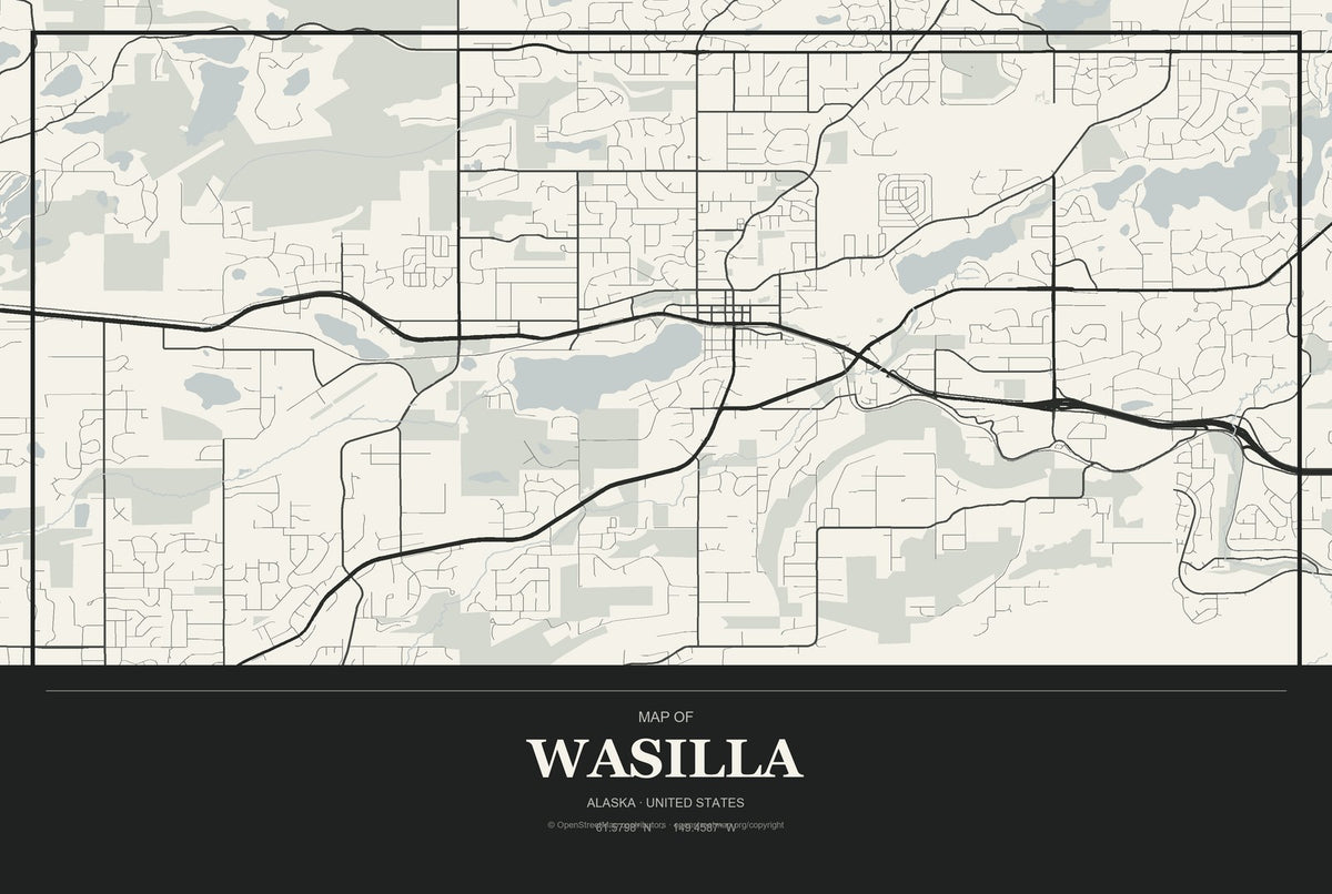 Wasilla, Alaska City Map Aluminum Sign in Museum Plaque style