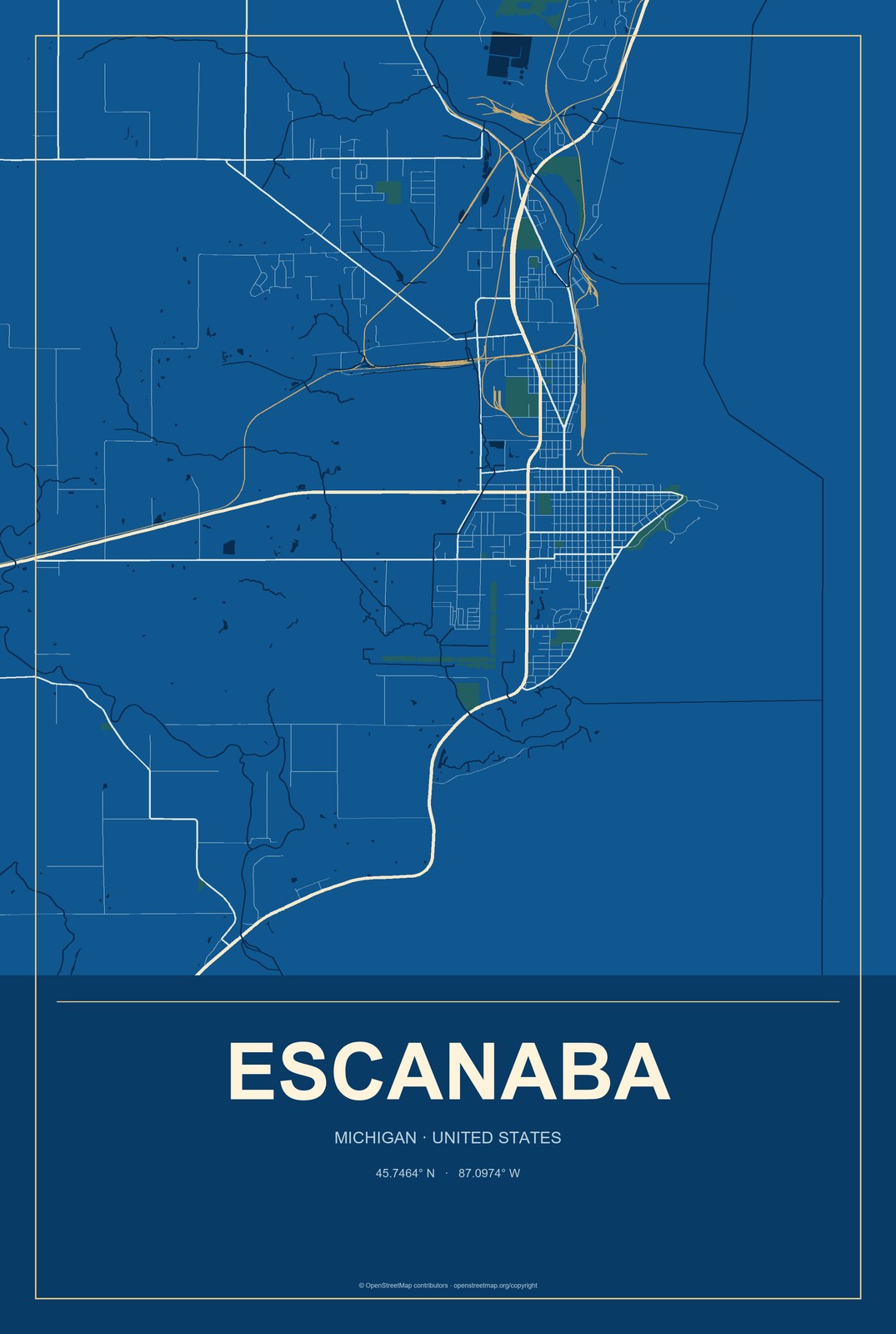 Escanaba, Michigan City Map Aluminum Sign in Harbor Cobalt style